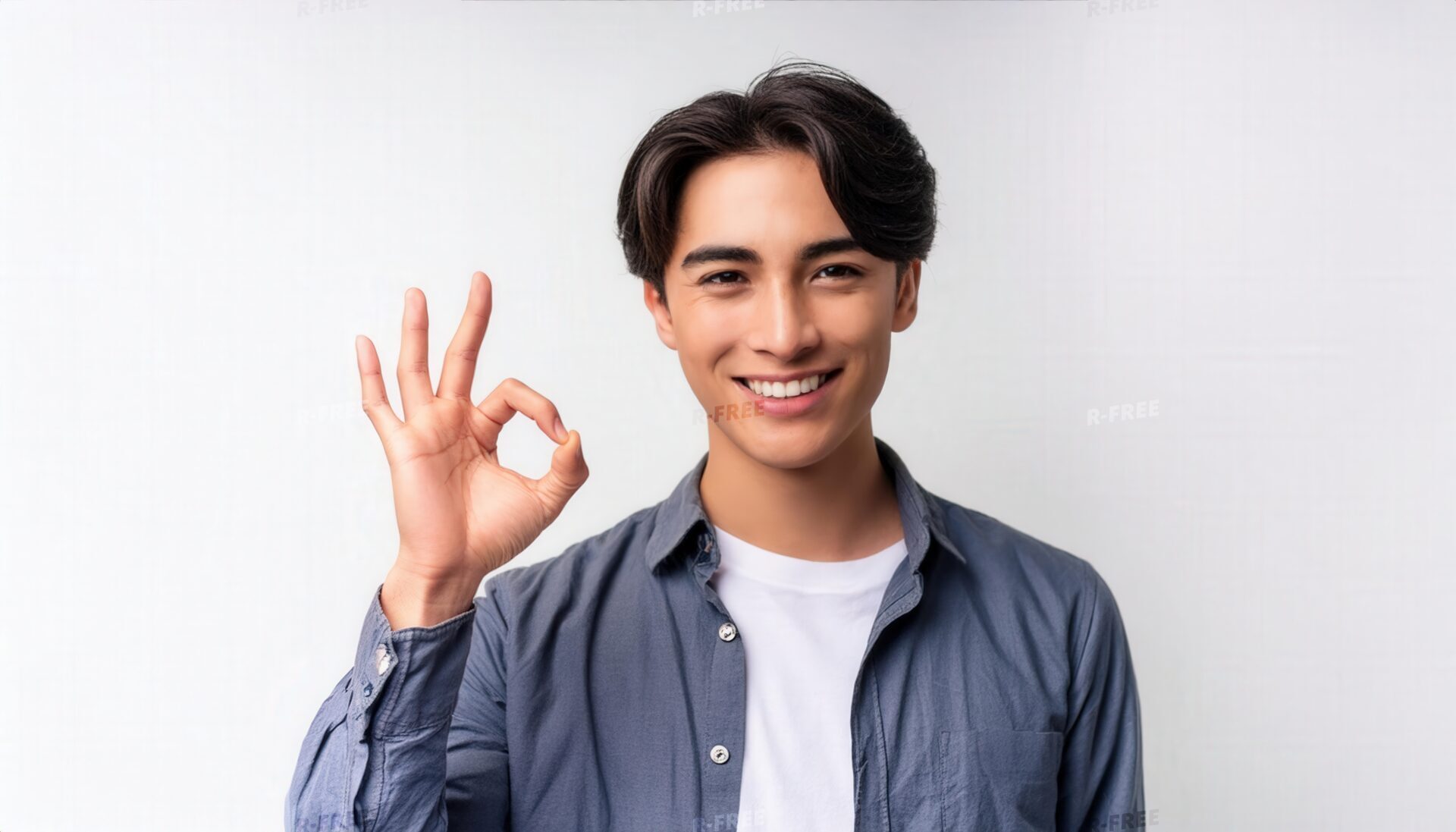 白背景でOKサインをする若い人物（シャツスタイル）