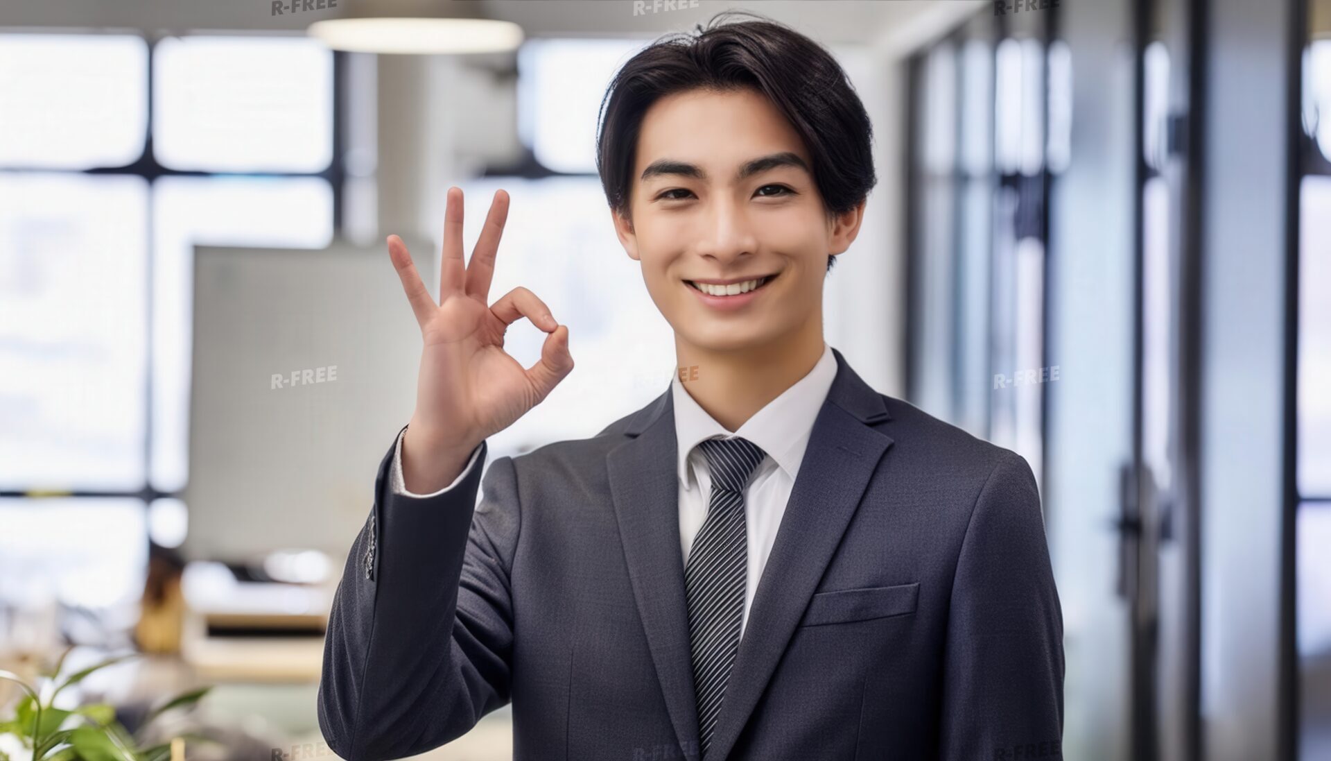 窓際でOKサインをするビジネスパーソン