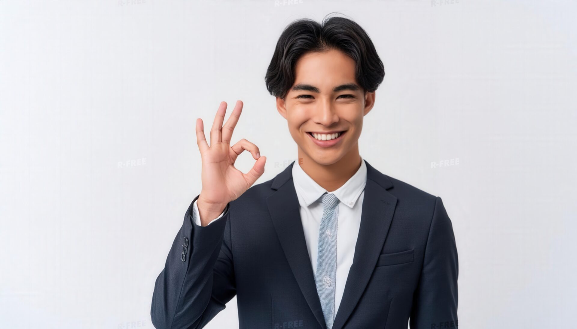 白背景でダークスーツ姿の男性がOKサイン