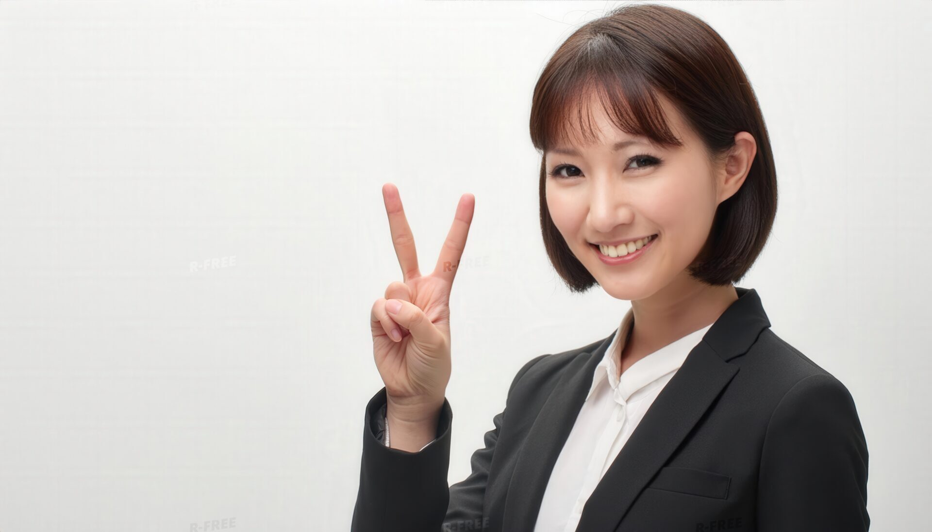 白背景でスーツ姿の女性が笑顔でピースサインをする上半身