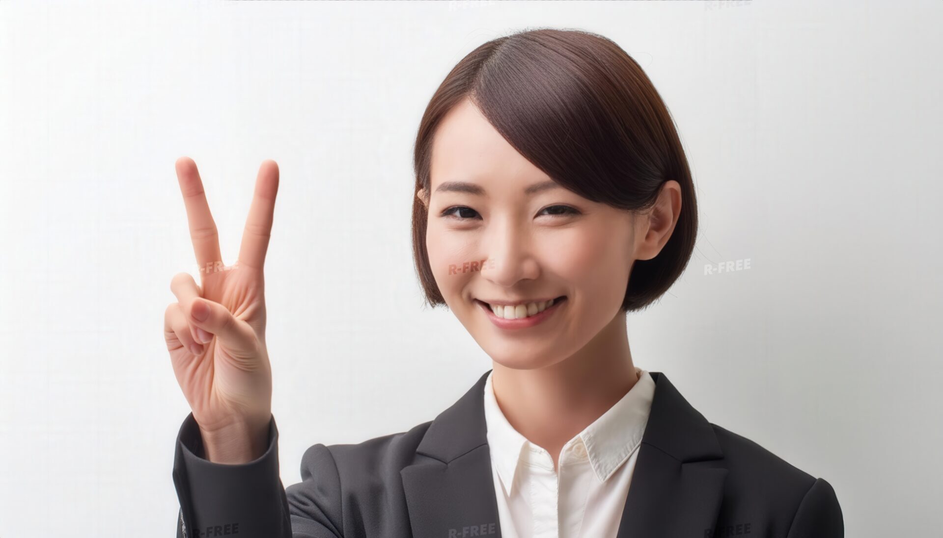 白背景でスーツ姿の女性が正面で笑顔のピースサインを掲げる