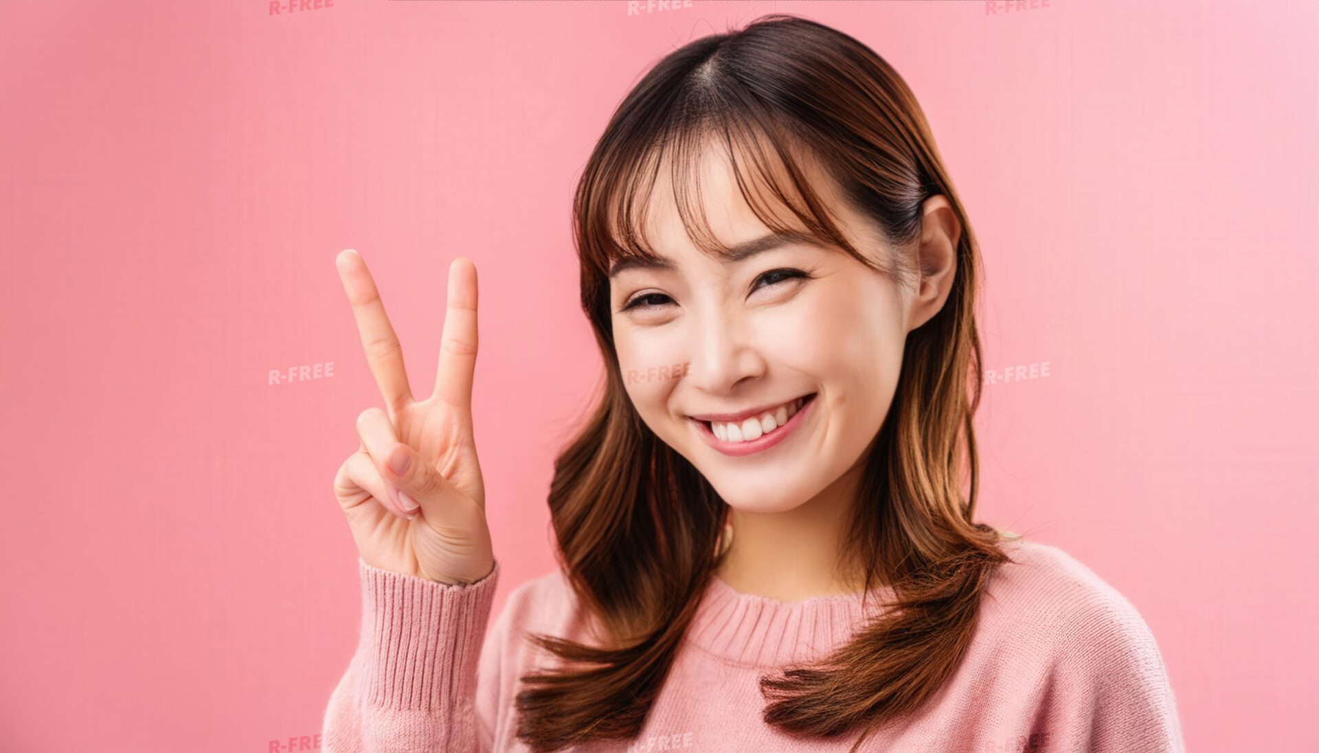 ピンク背景で長めの髪の人がピースサインをしている