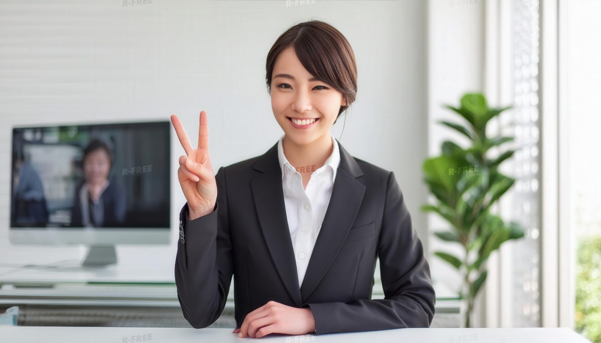 オフィスのデスクでピースサインをする人