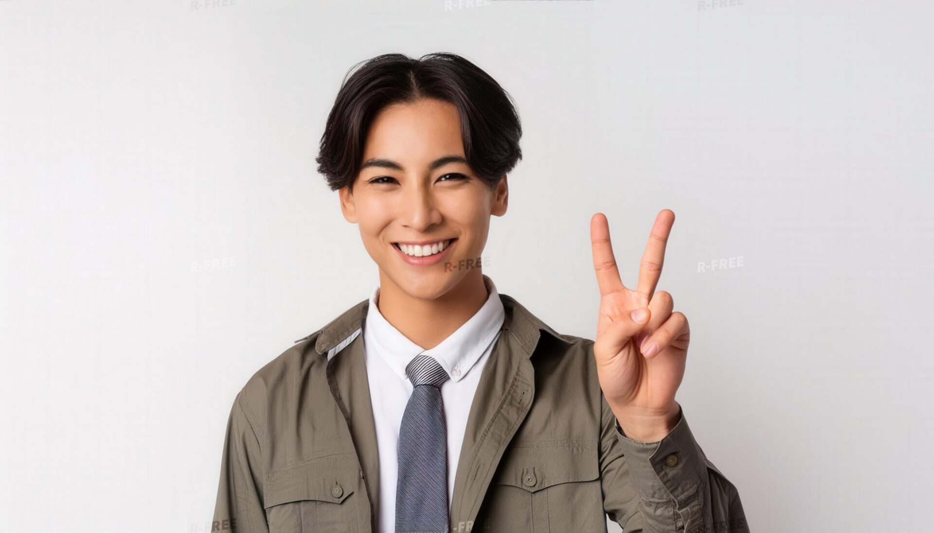 白背景でネクタイ姿の若い男性がピースサインをしている