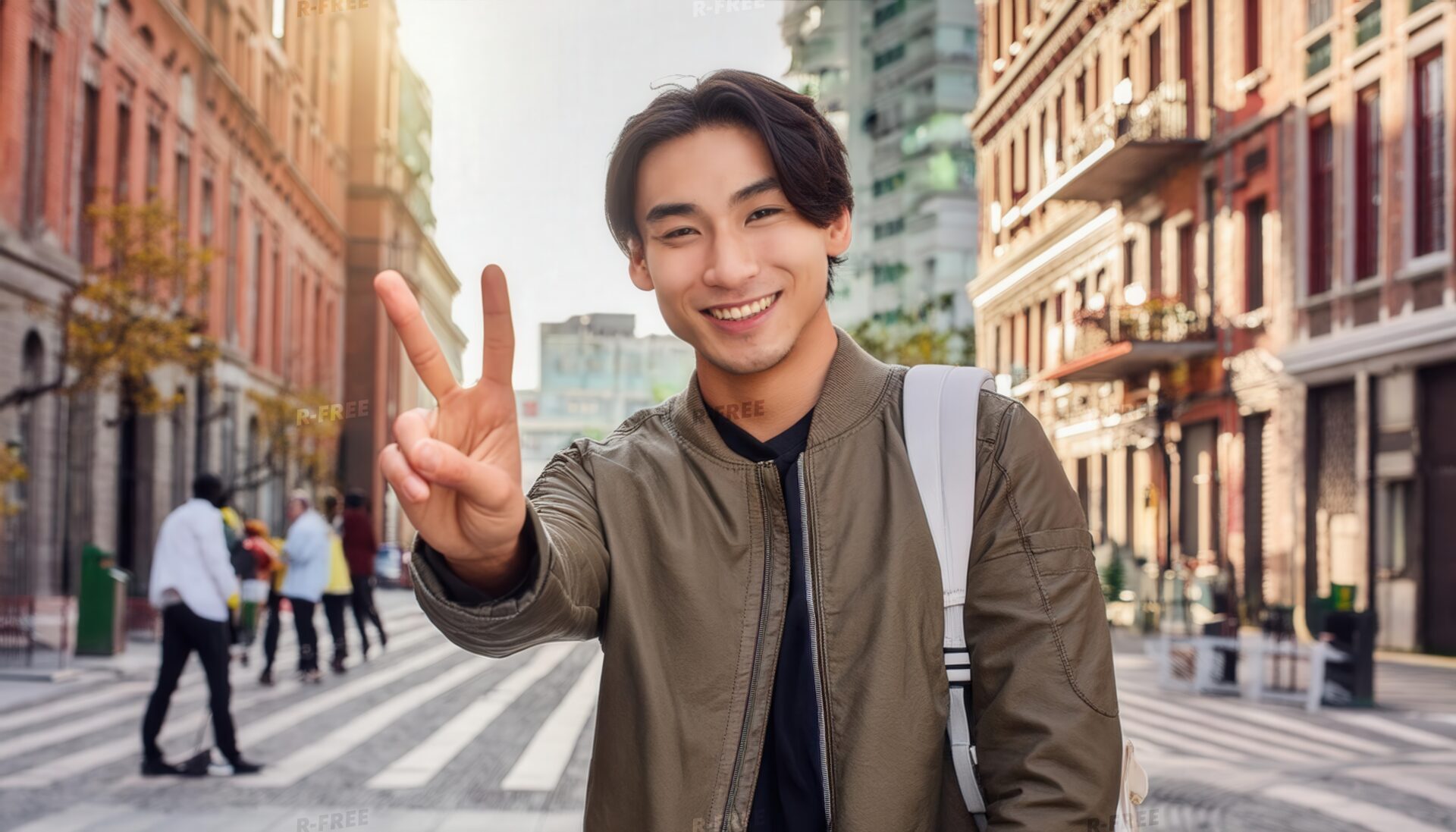 海外の街並みでピースサインをする人