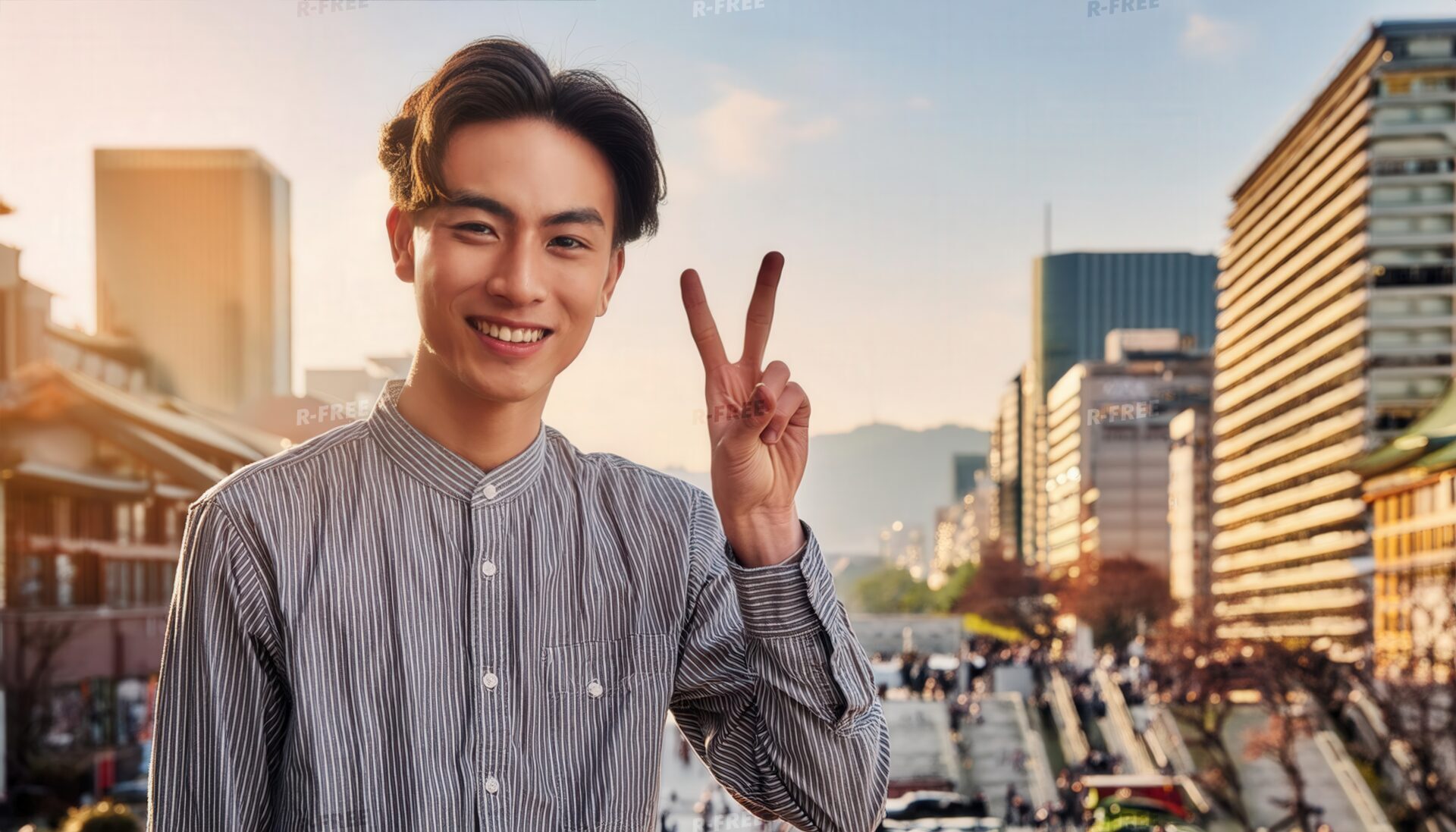 日本の街並みでピースサインをする人