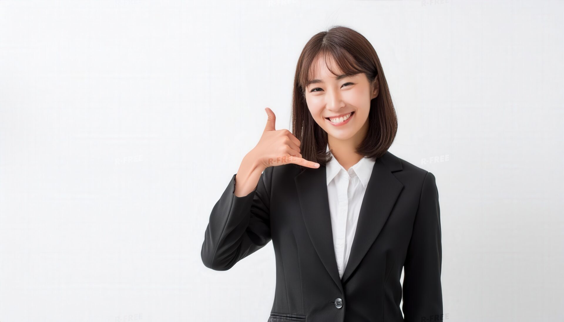 白背景でスーツを着た人が電話ジェスチャーをしている