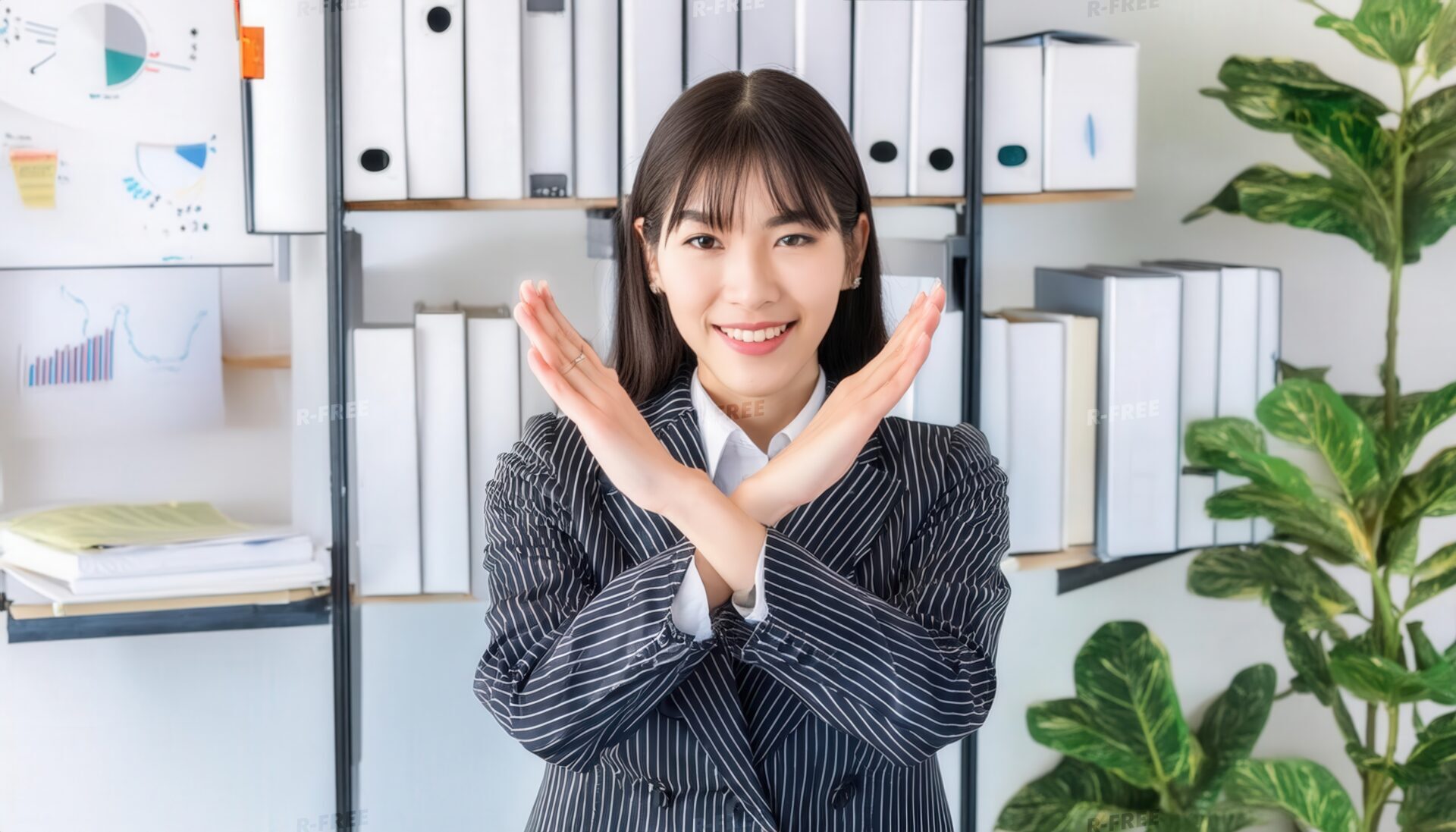 オフィスでストライプスーツを着て腕をクロスしてNGサインを示す笑顔の人