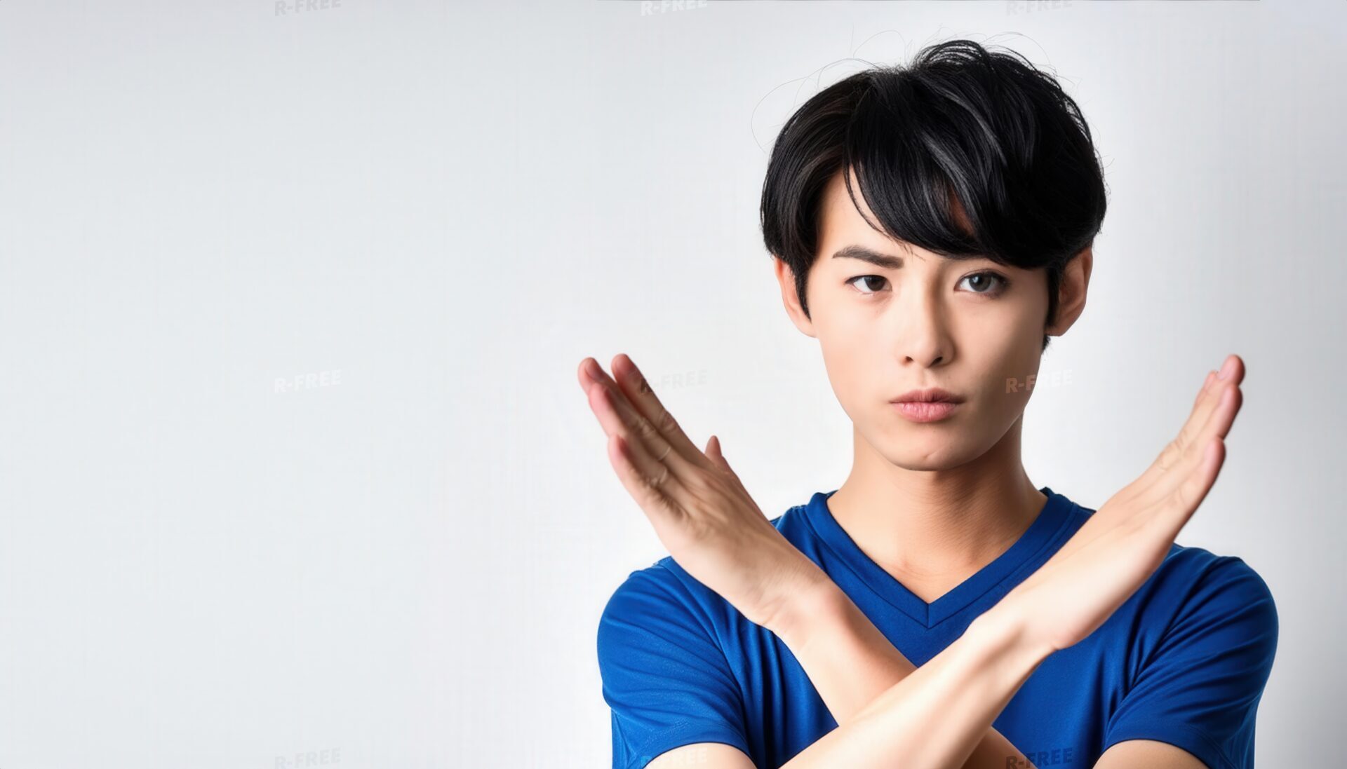 白背景で真剣な表情の短髪男性が正面で腕をクロスしてNGサイン