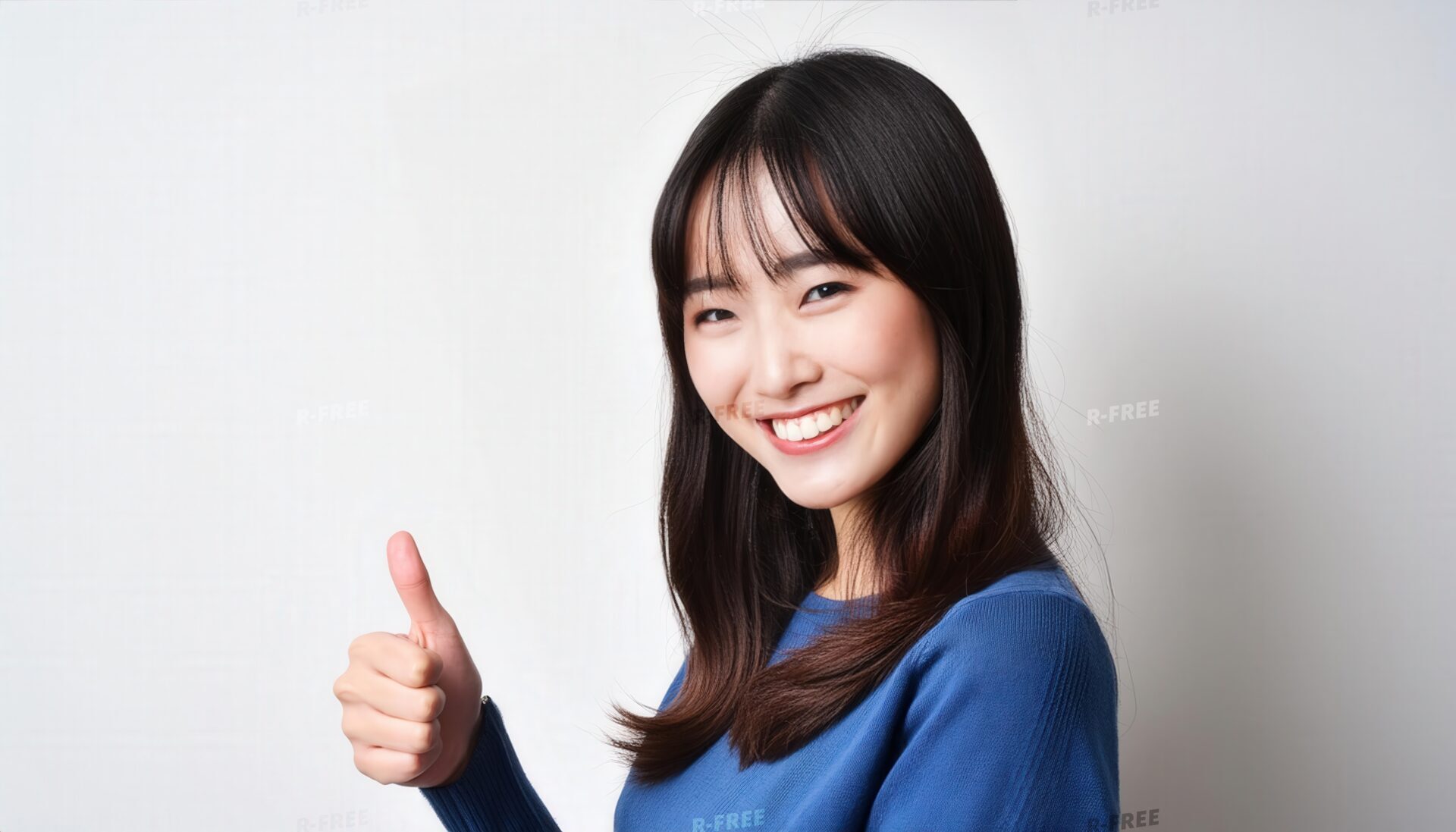 白い壁を背景に笑顔でグッドサインをする若い女性