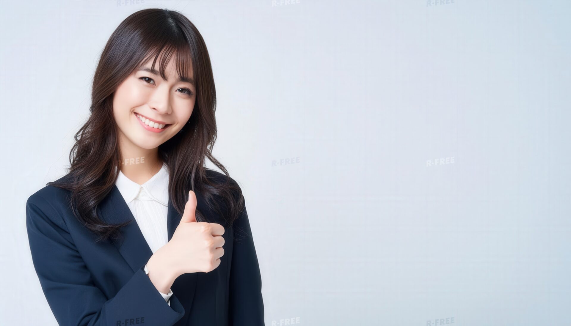 ネイビージャケットでグッドサインをしている若い人