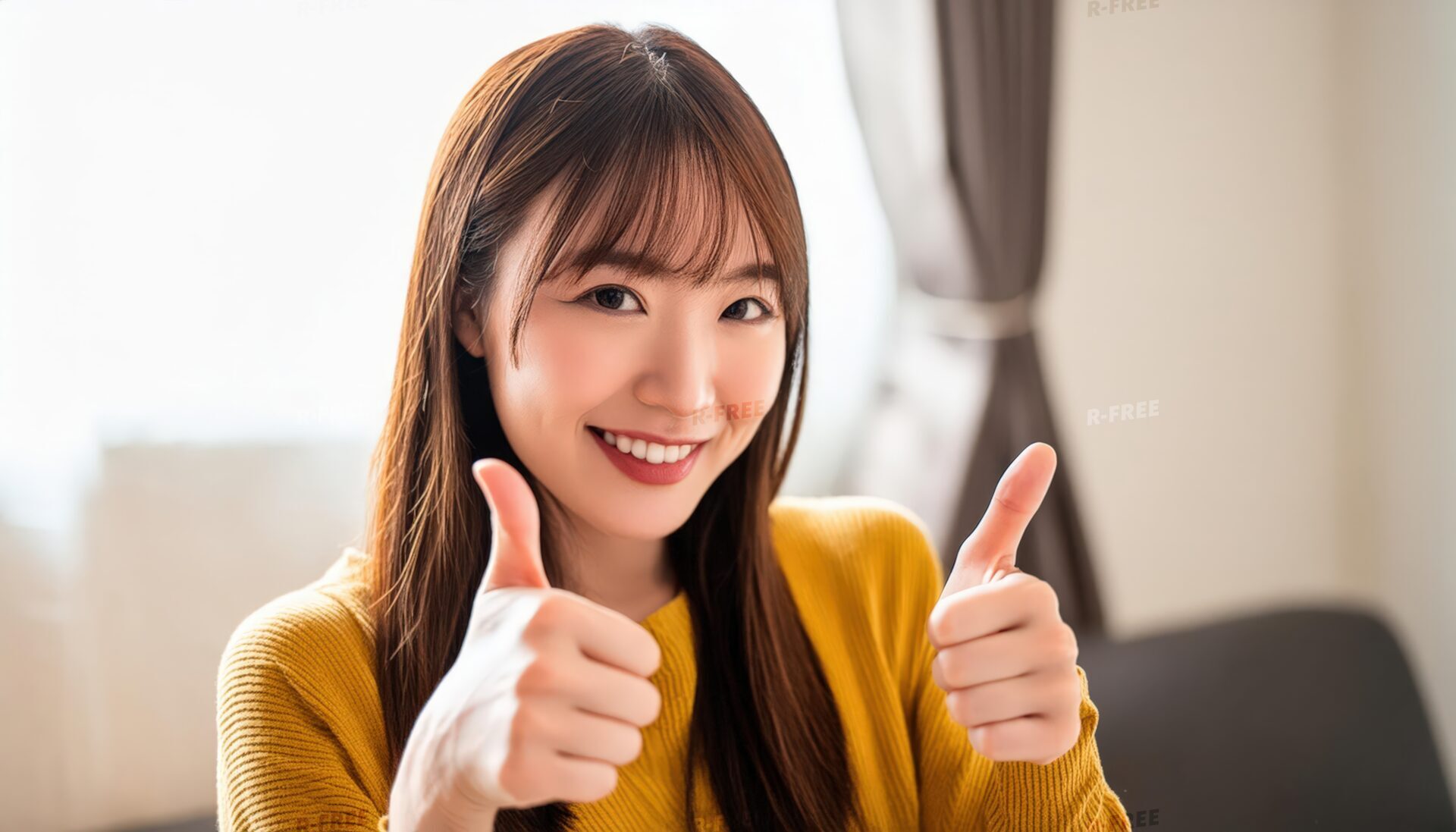 黄色いセーターで両手グッドサインをする笑顔の若い人とカーテン