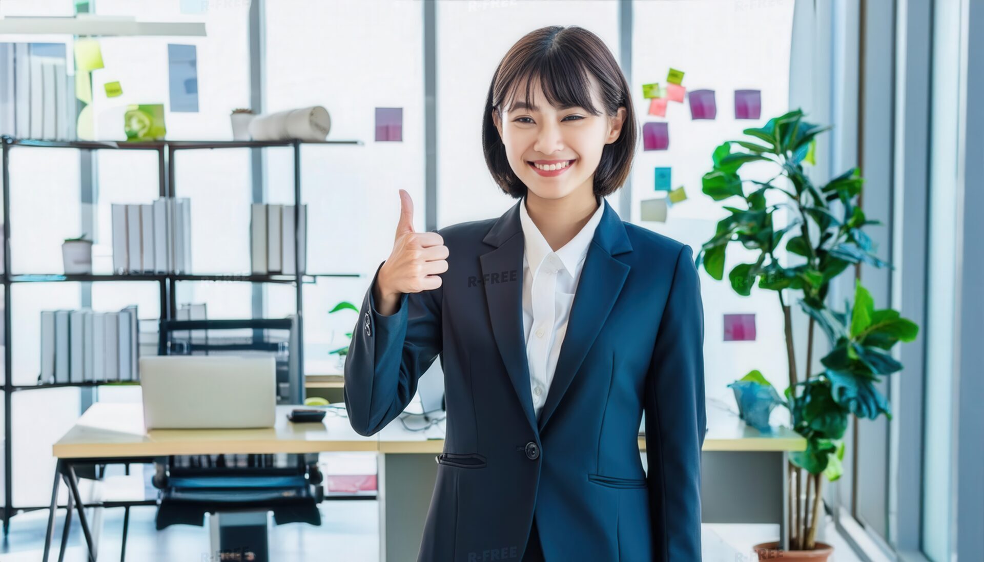 観葉植物やホワイトボードがあるオフィスで親指を立てる笑顔の若い女性