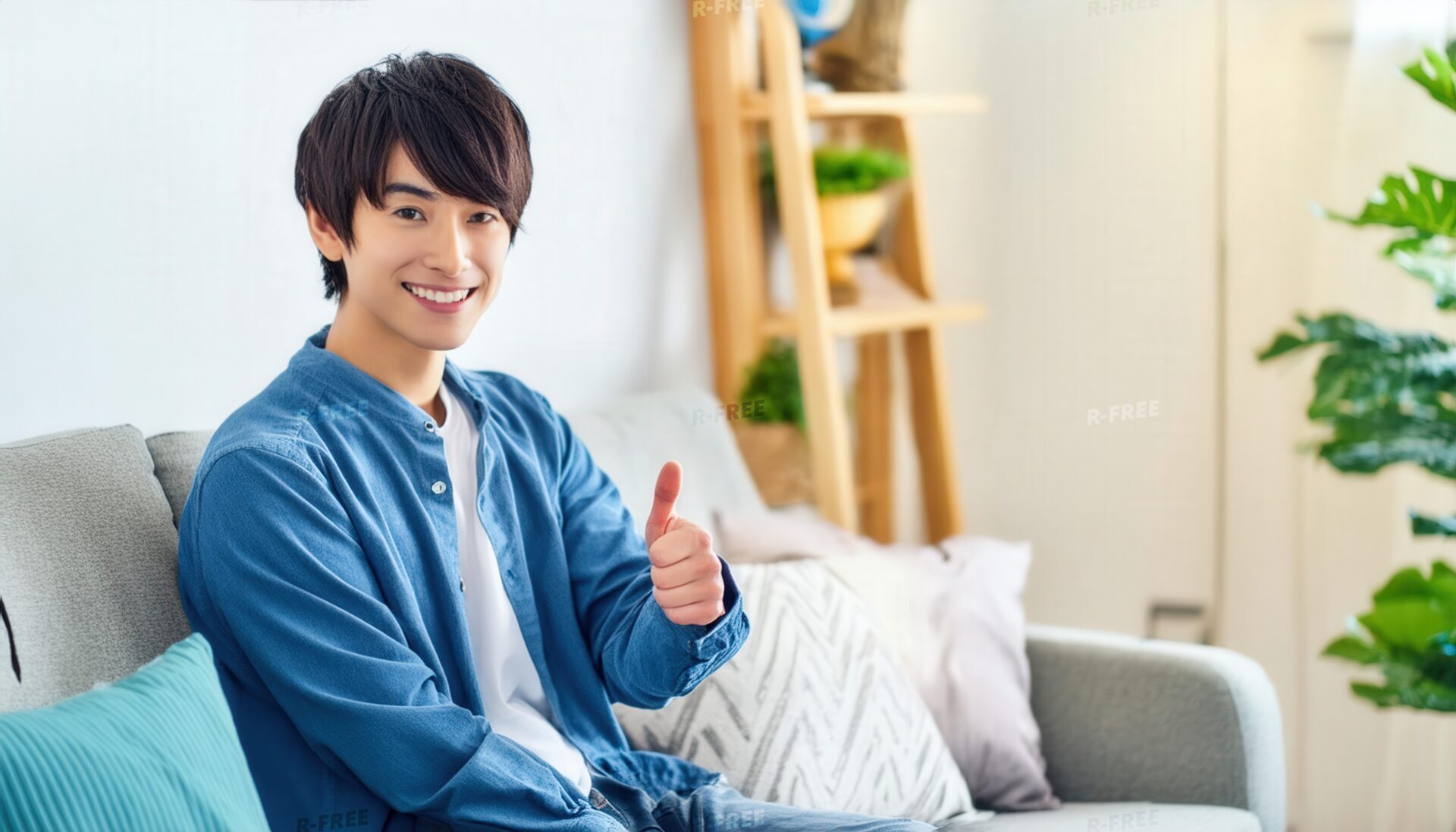 ソファでサムズアップをする青いシャツの笑顔の男性
