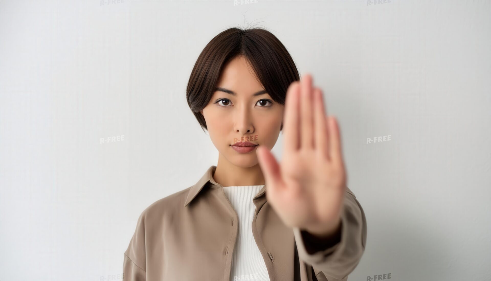 白背景で片手を突き出す若い女性（ショートヘア）