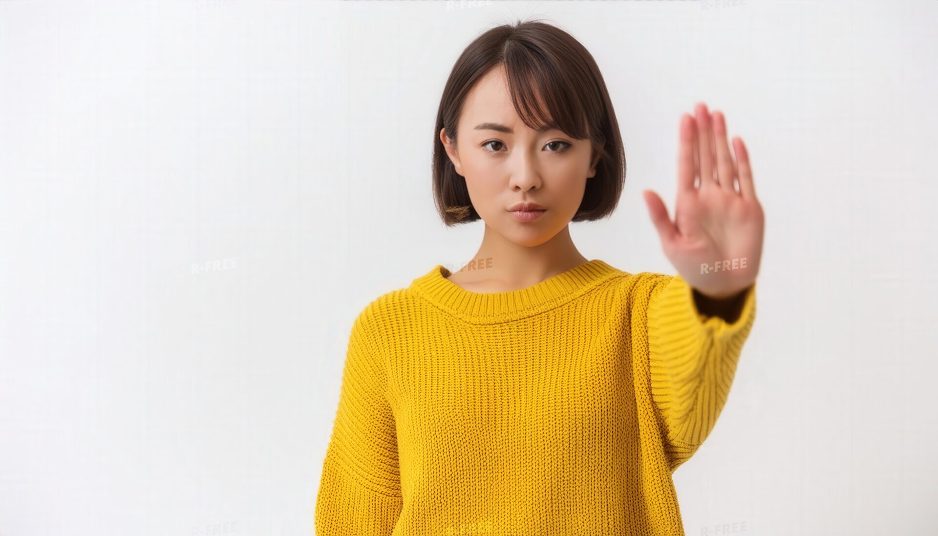 白背景でストップのポーズをする若い女性（イエローニット・ボブ）