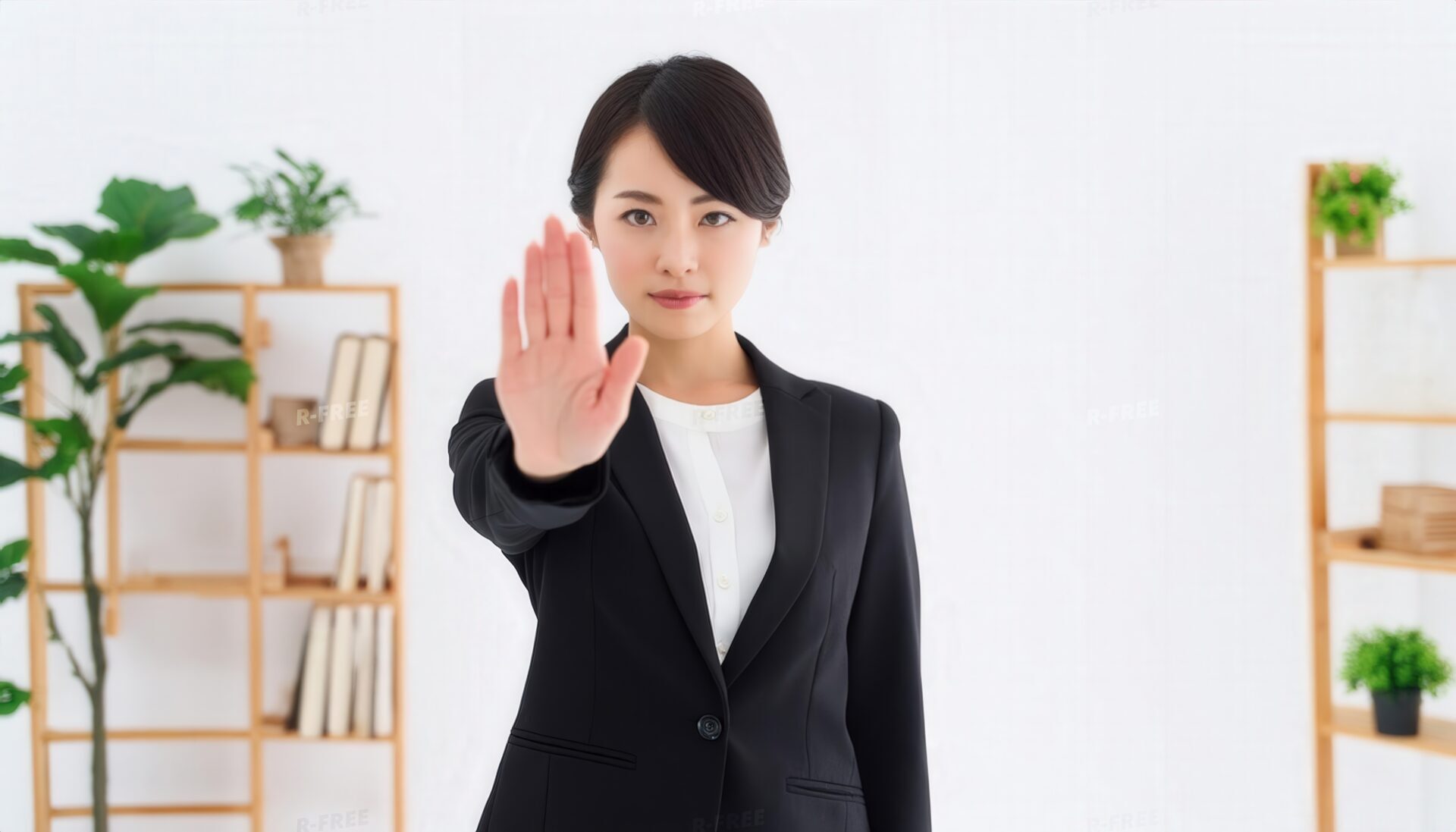白背景で手を広げて制止を示す若い女性