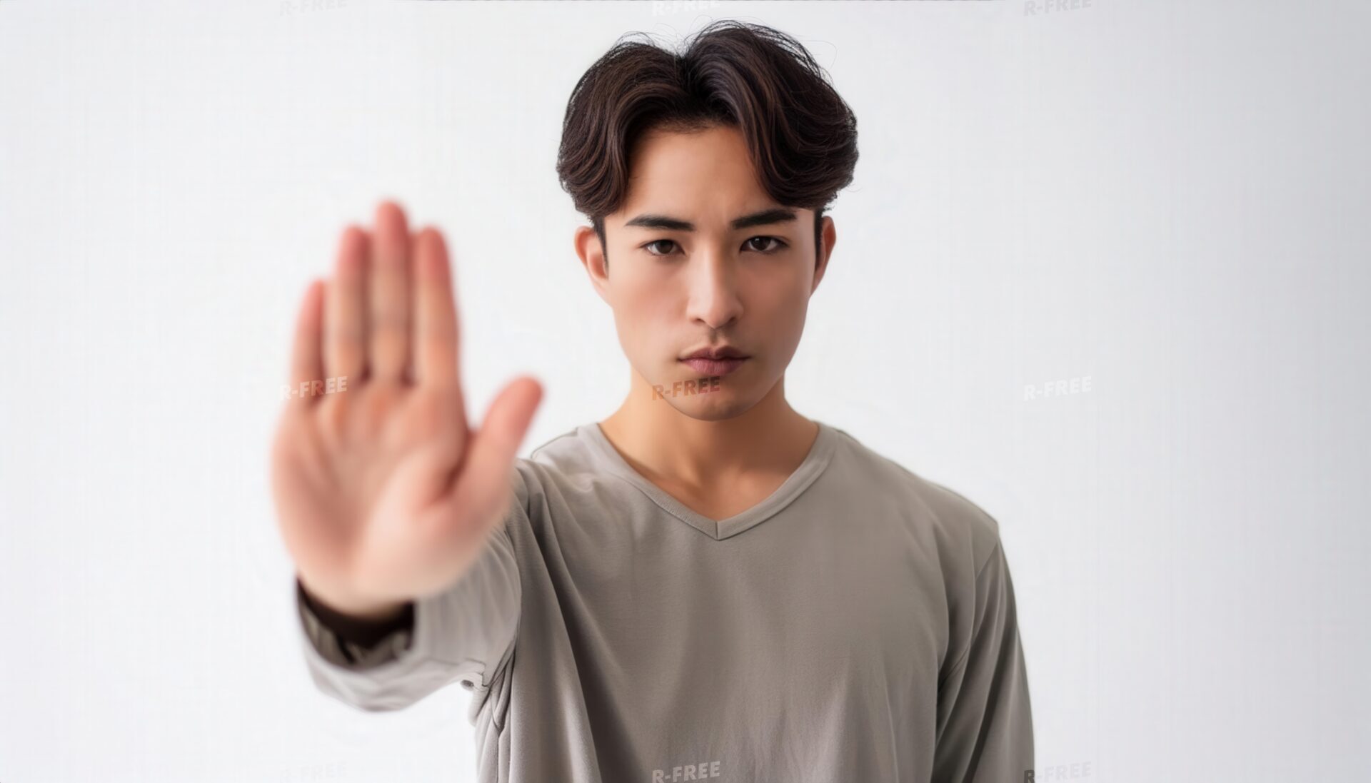 白背景で手のひらを前に突き出す若い男性（グレーTシャツ）