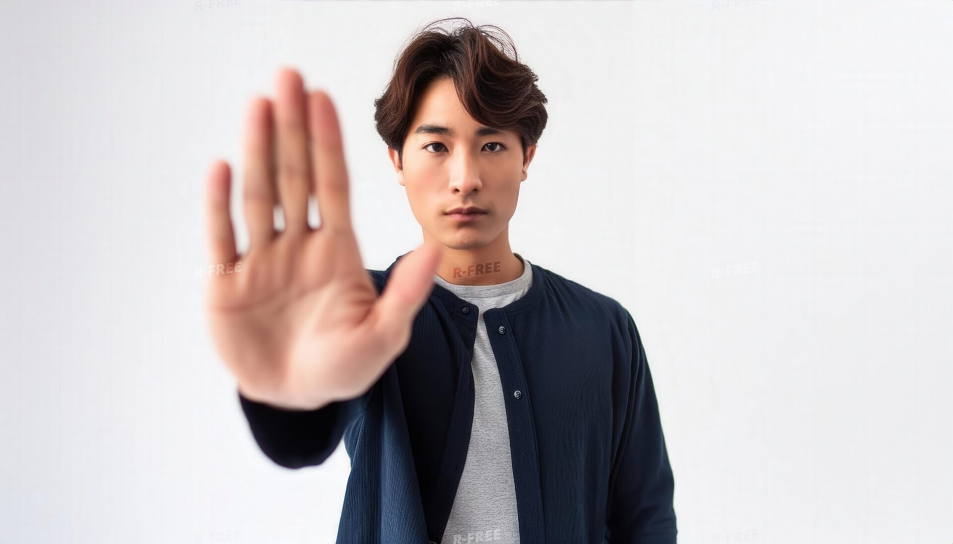 白背景でストップのジェスチャーをする若い男性（ネイビーシャツ）