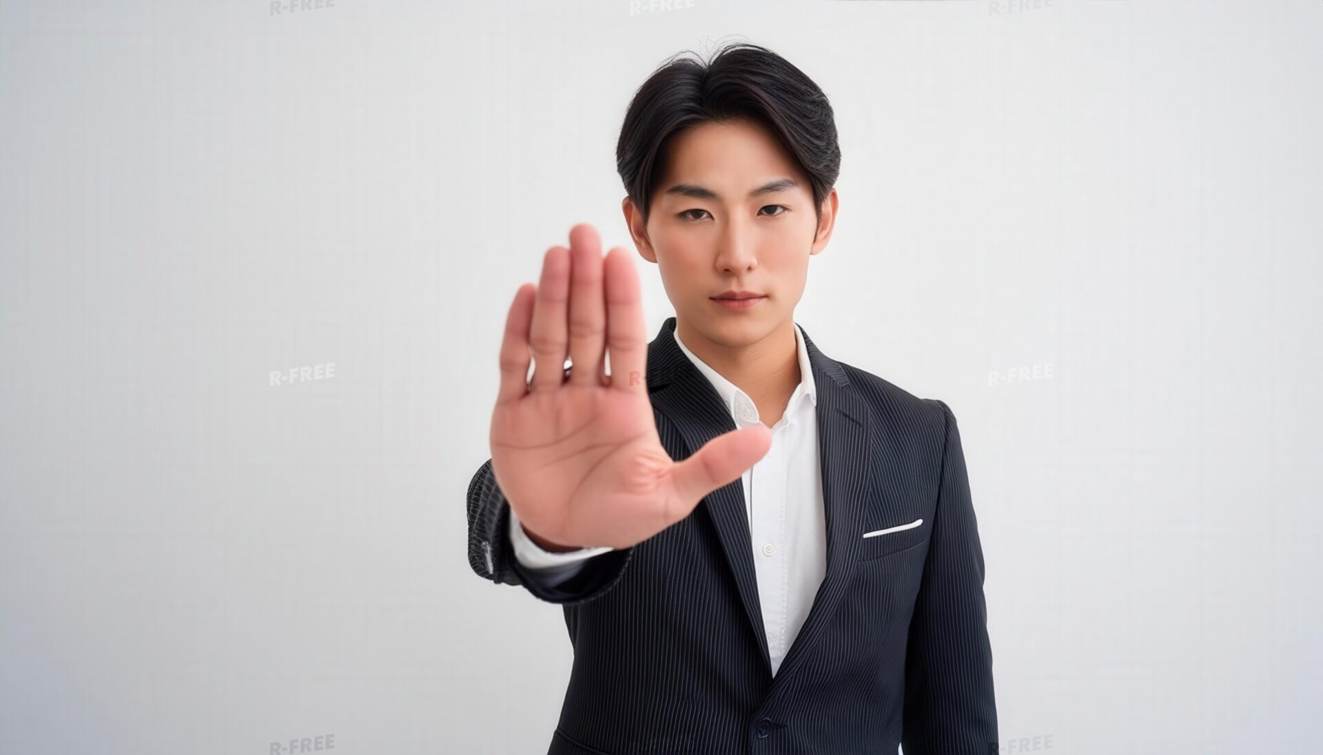 白背景で手のひらを前に突き出す若い男性（スーツ）