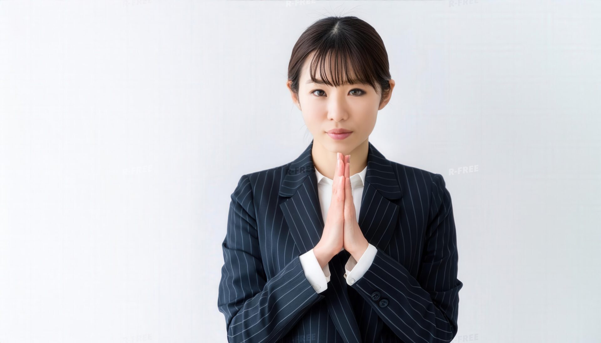 白背景で正面を向き合掌する若い女性（ストライプスーツ）