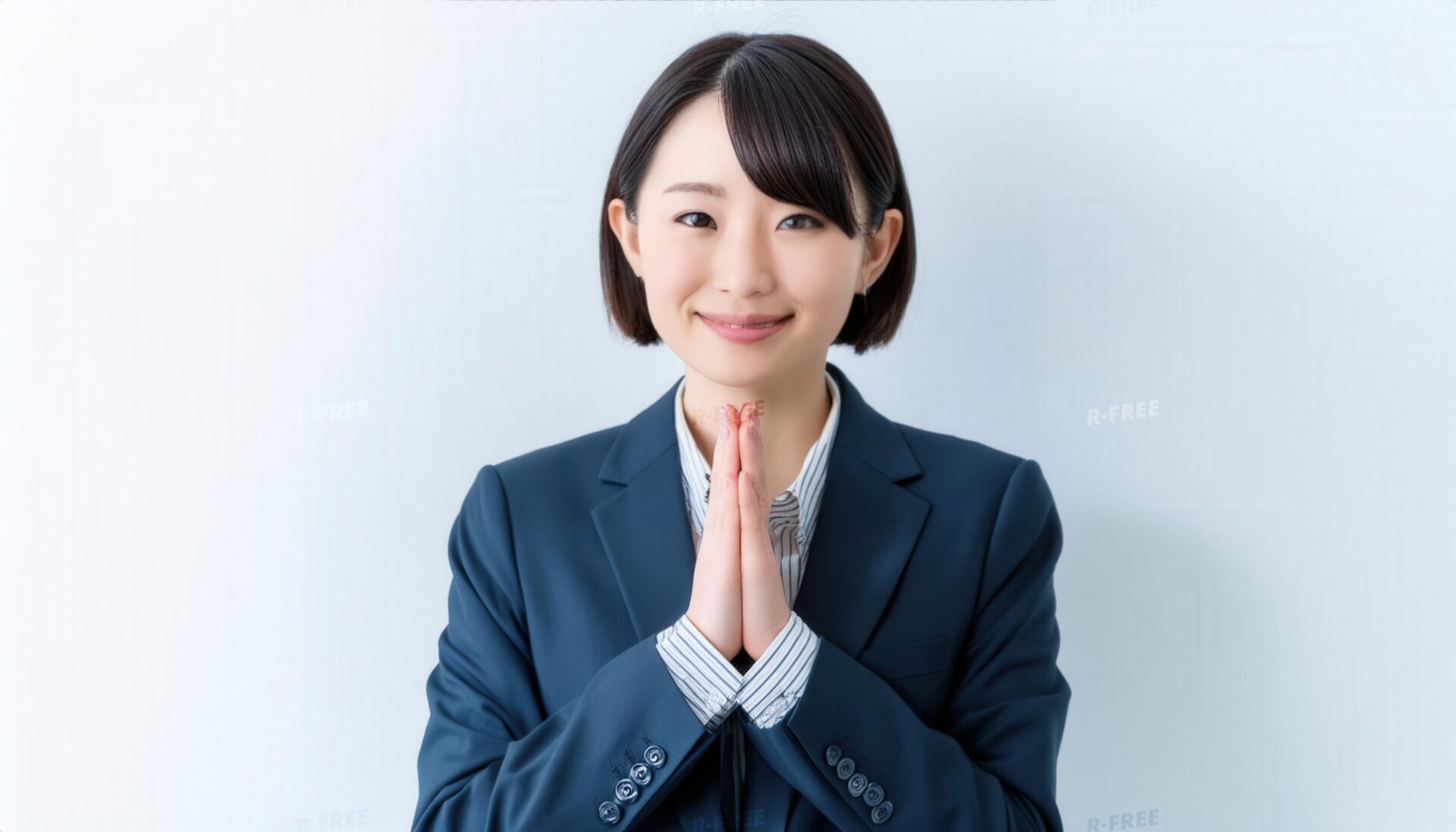 淡い背景で笑顔で合掌する若い女性（紺色スーツ）