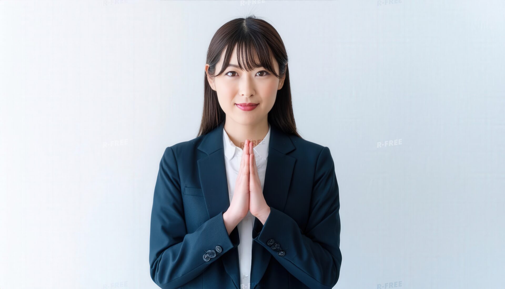 白壁を背景に微笑み合掌する若い女性（白シャツ）