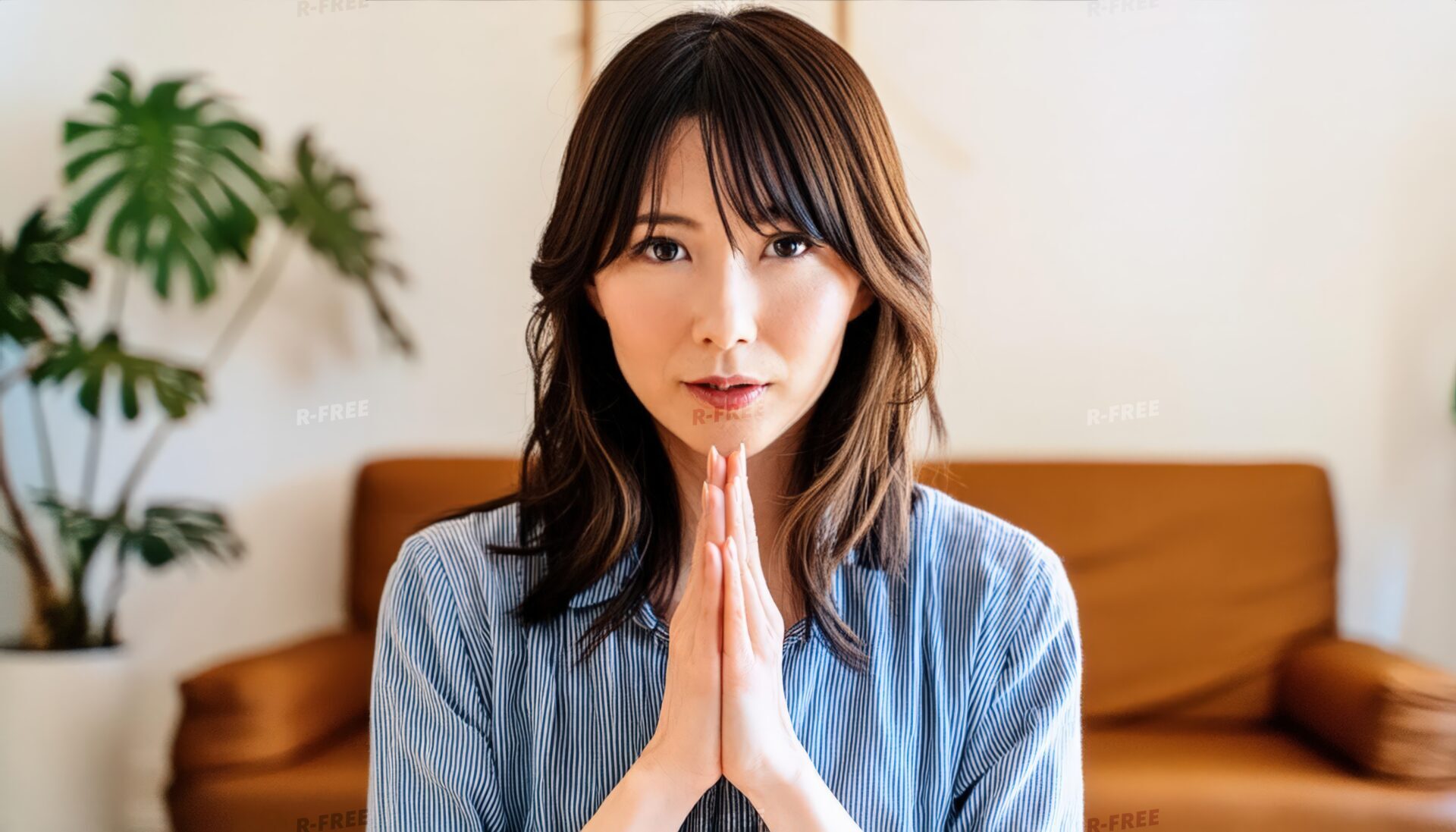 室内で合掌する若い女性（ストライプシャツ）