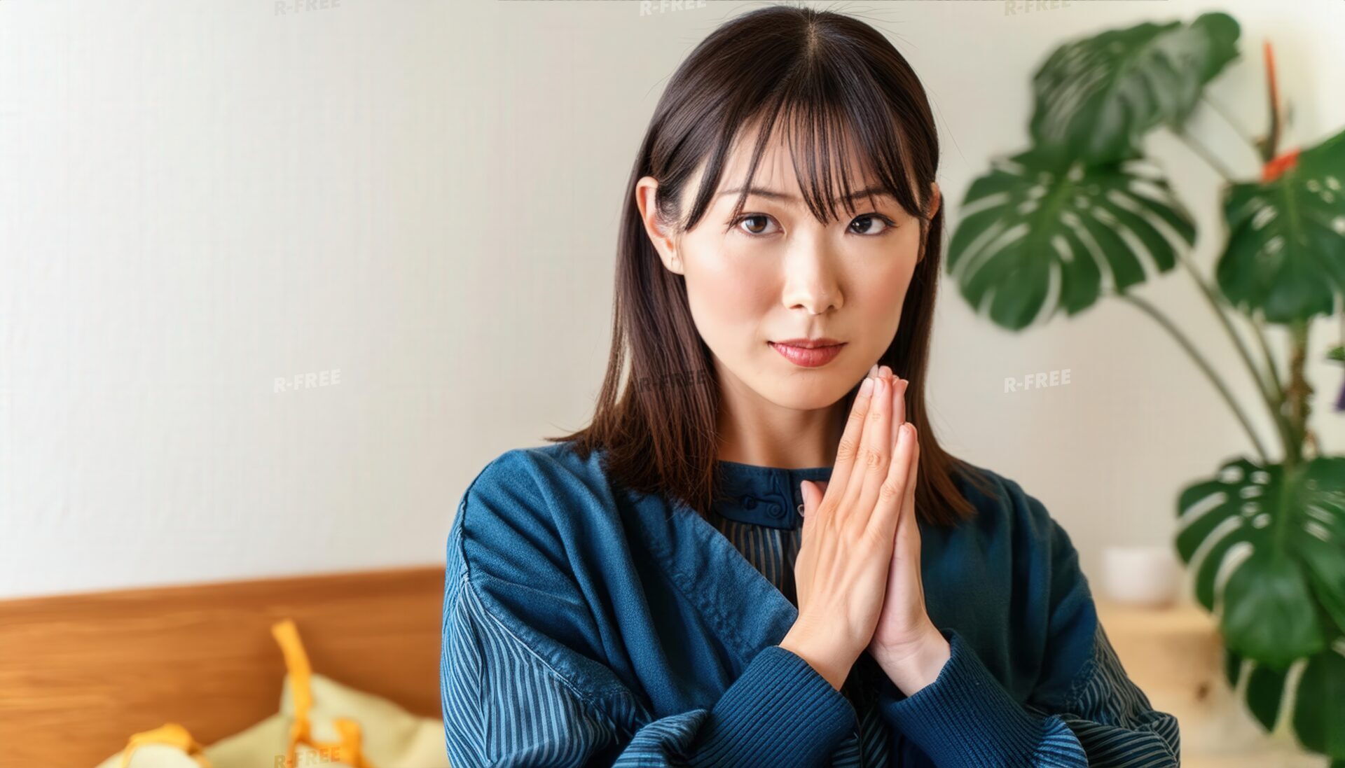 木製家具と観葉植物を背景に手を合わせる若い女性（ブルーセーター）