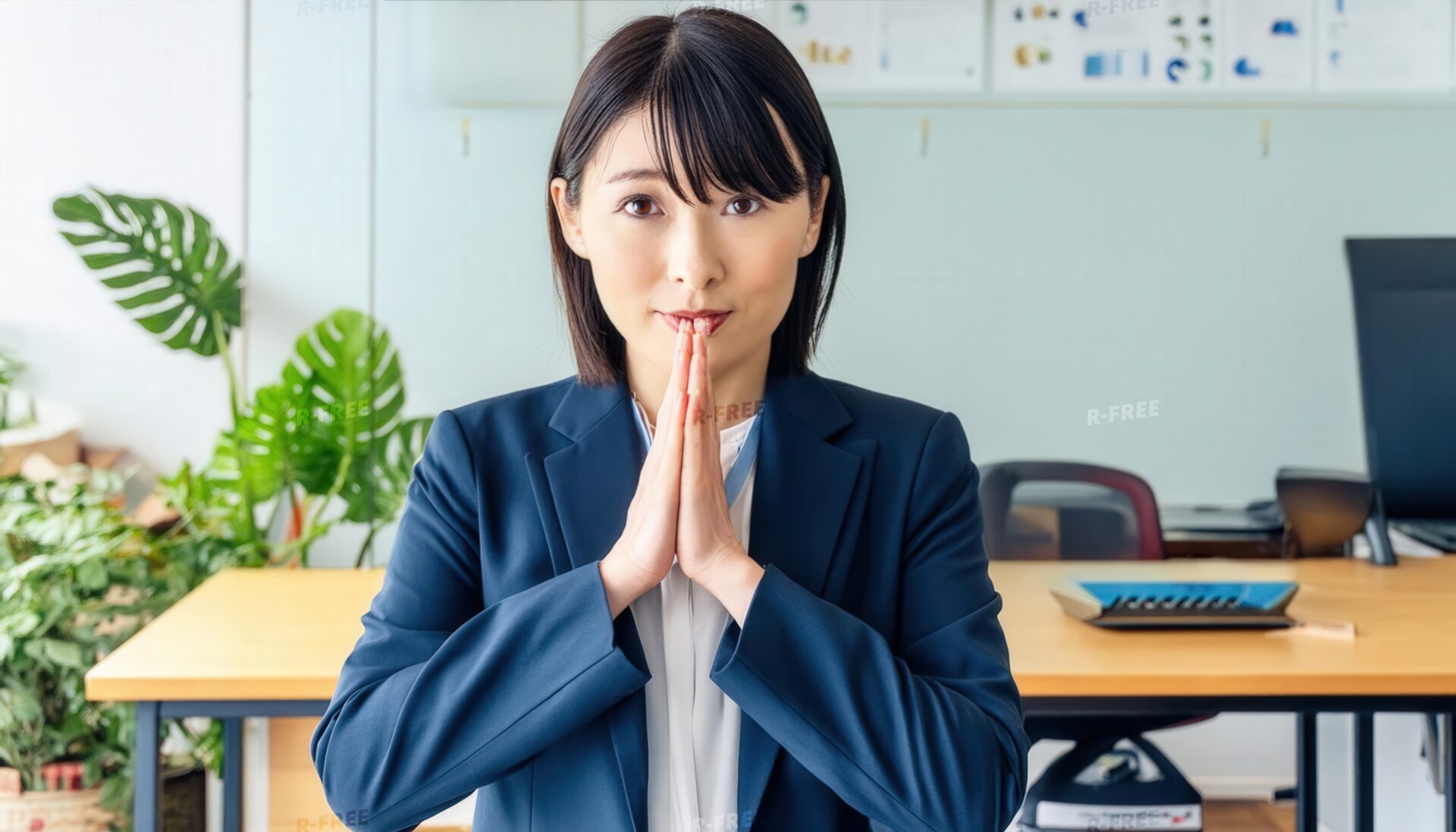 オフィスで合掌する若い女性（スーツ）