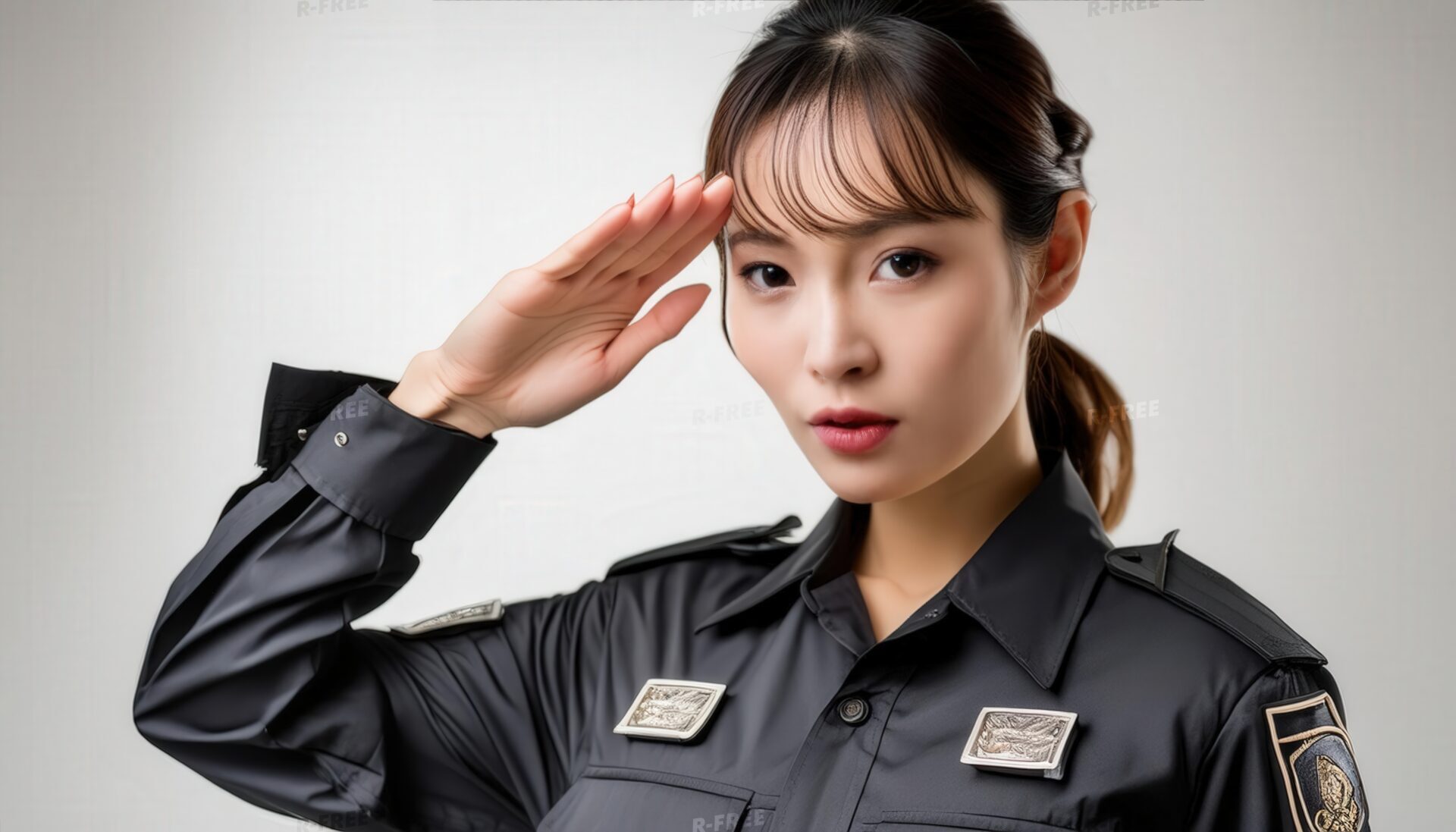 白背景で前髪のある警備服姿で敬礼する人物