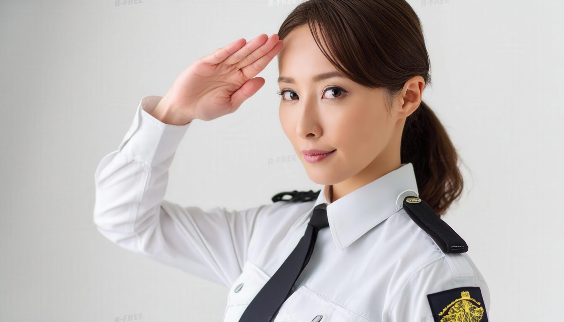 白背景でネクタイの警備服姿で敬礼する人物