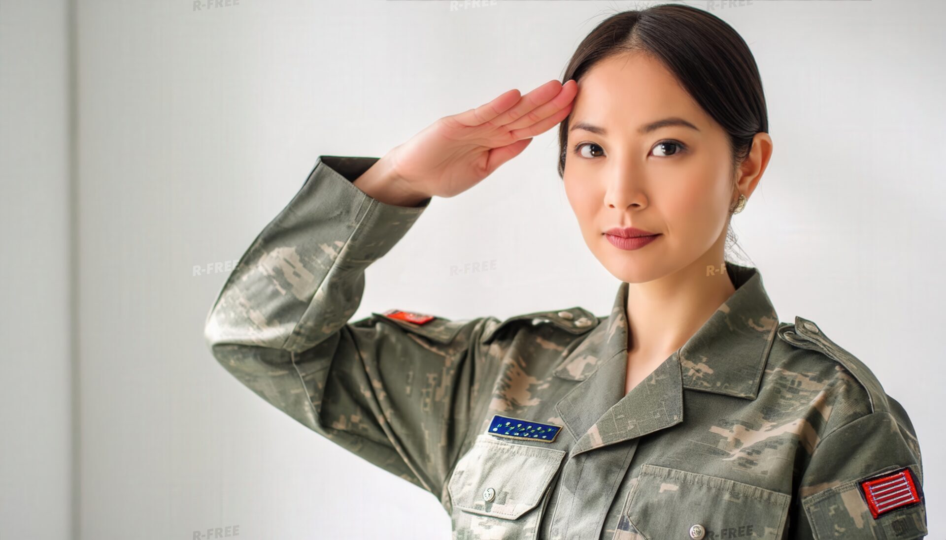 黒髪をまとめ迷彩柄の軍服で敬礼する20代女性人物
