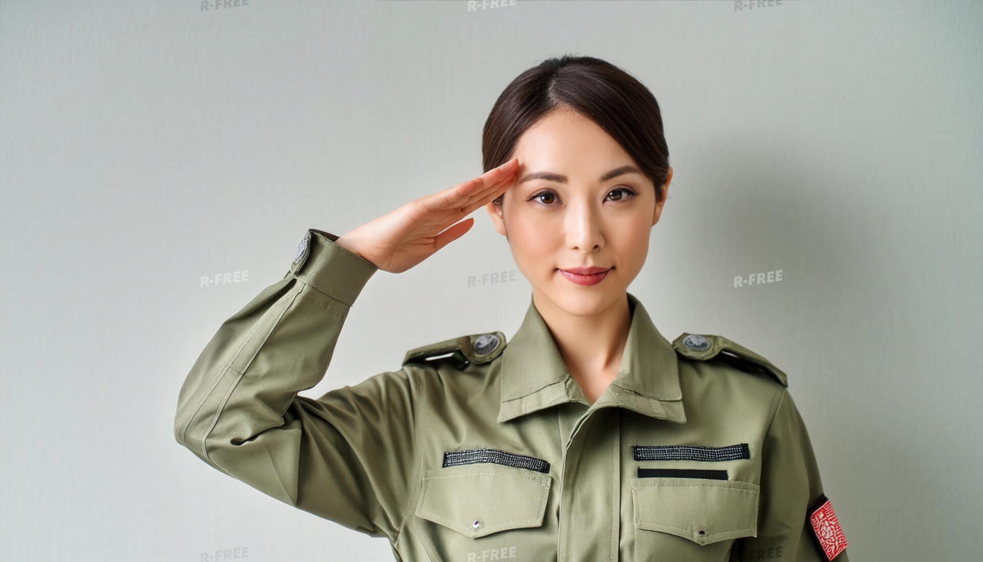 右手を額に添えて敬礼する緑の制服の女性