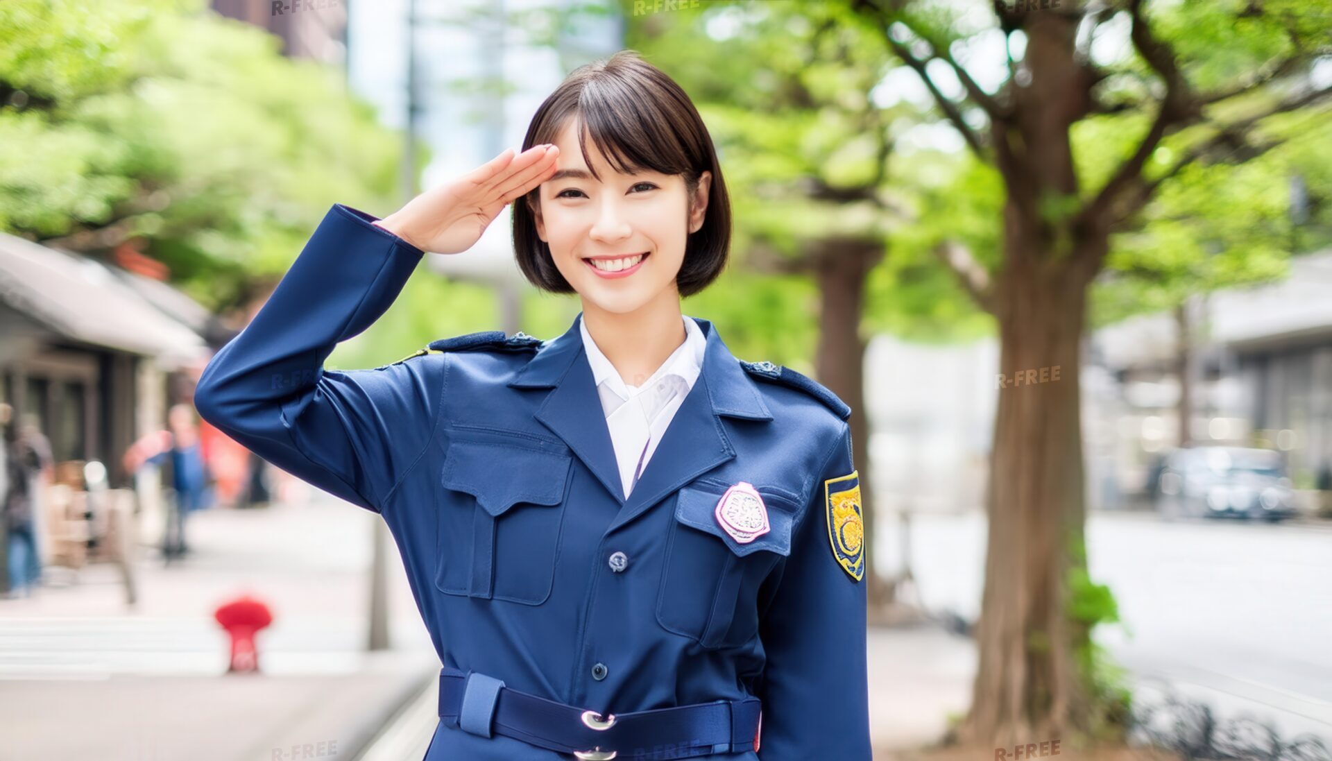 都心で笑顔で敬礼する紺色制服の20代女性