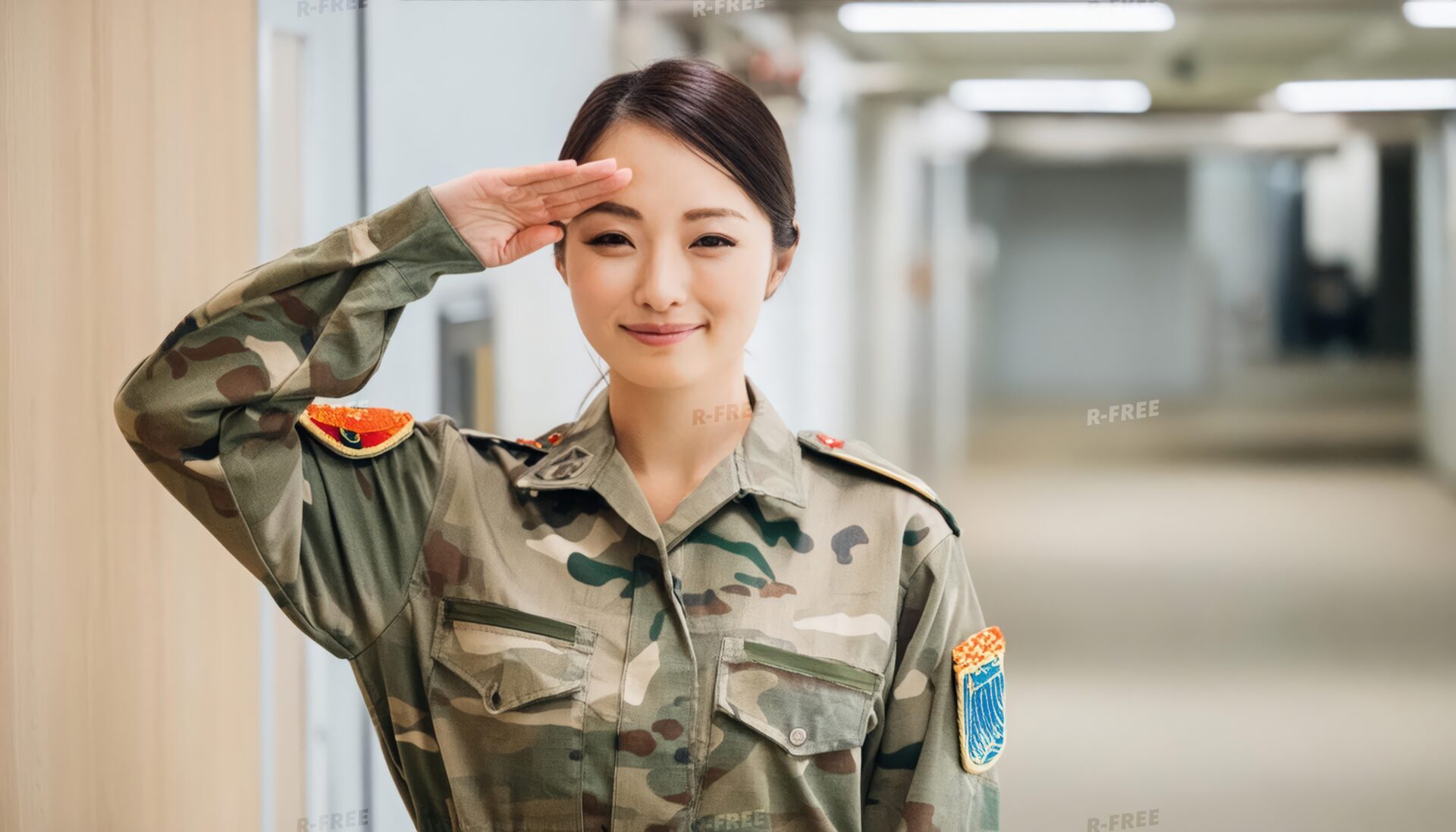 室内の明るい廊下で正面を向き敬礼する迷彩柄の軍服姿の女性