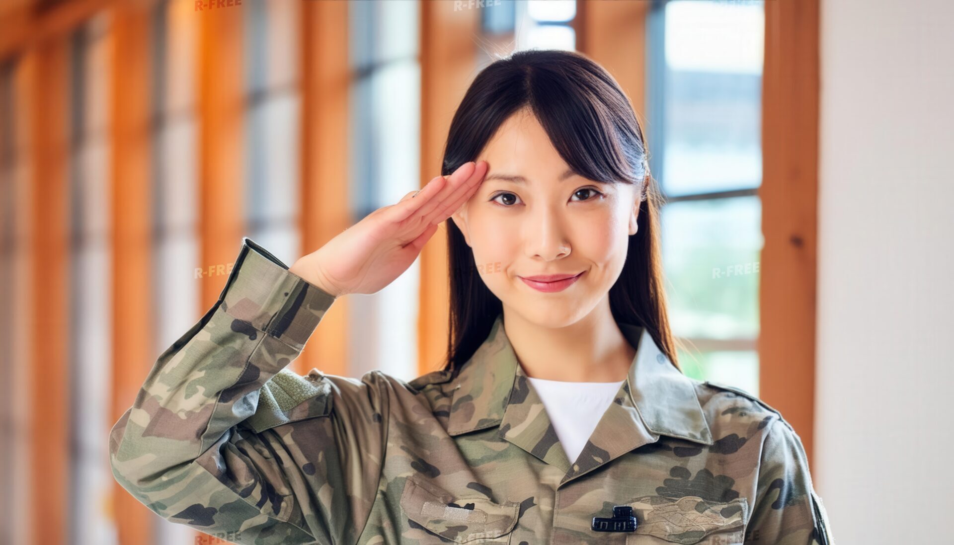 窓から光が差す室内で笑顔で敬礼する迷彩柄の軍服姿の女性