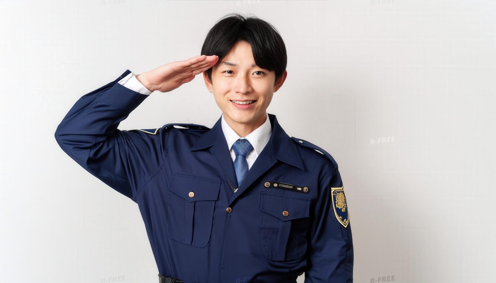 白背景で紺色の警察制服を着て敬礼する人物
