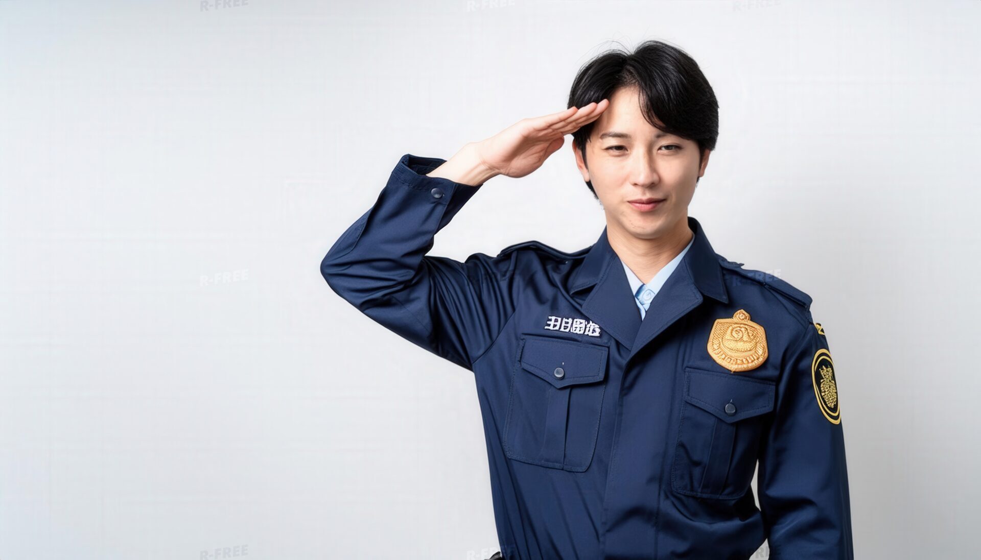 白背景で警察制服を着て敬礼する人物