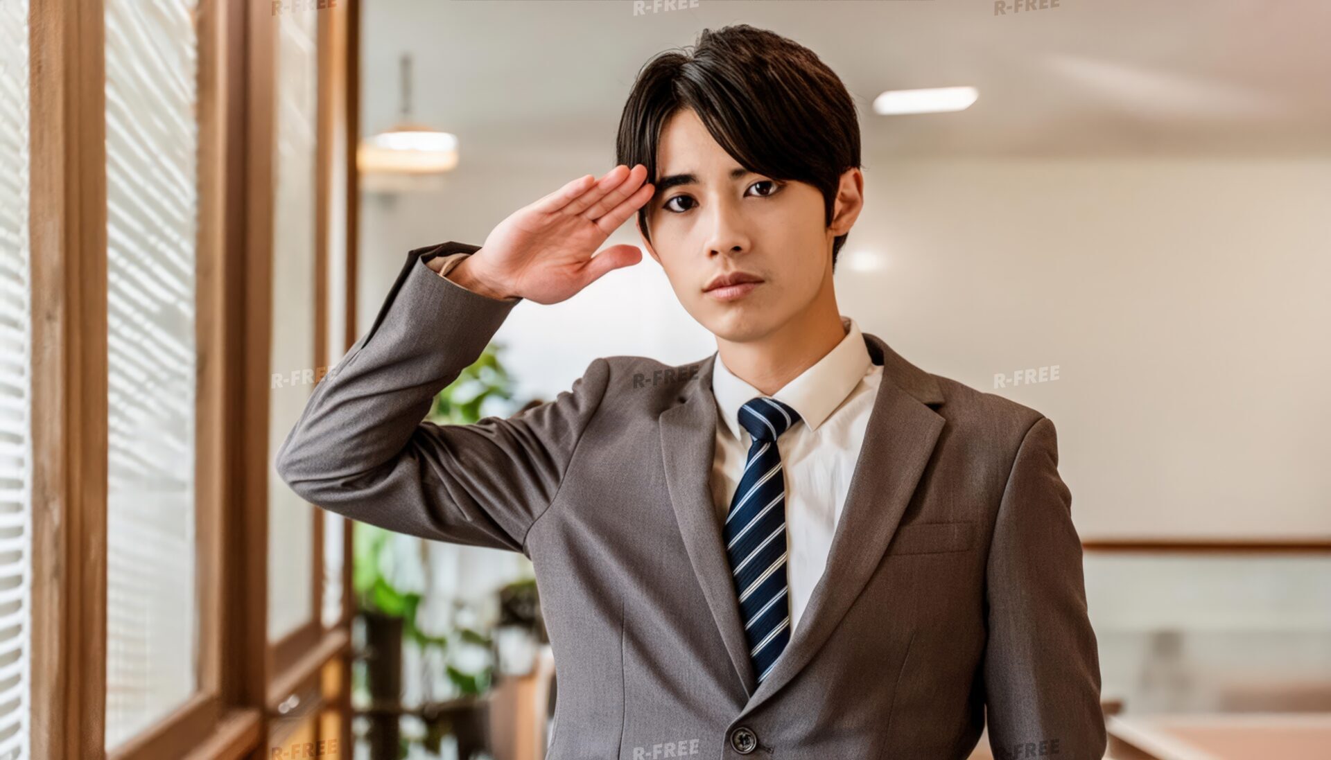 オフィスで正面を向き敬礼する茶色スーツの20代男性