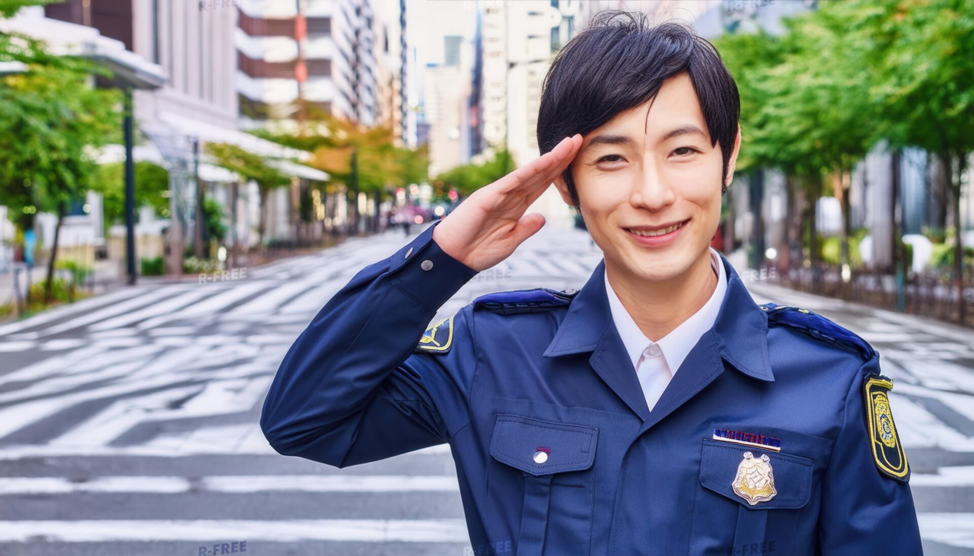 都市部で敬礼する警察官