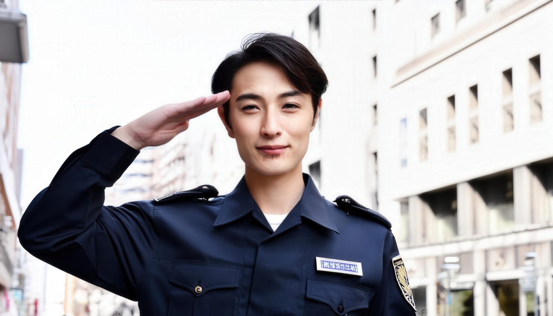 街中で敬礼ポーズをとる警察官