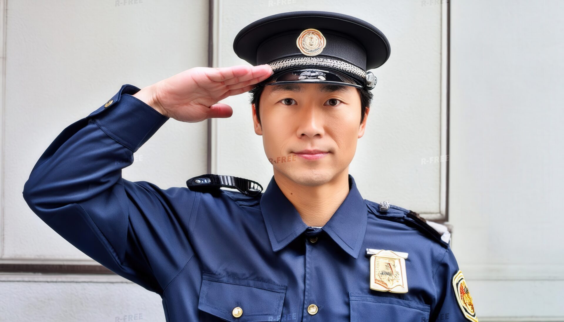 帽子をかぶった警察官が敬礼する