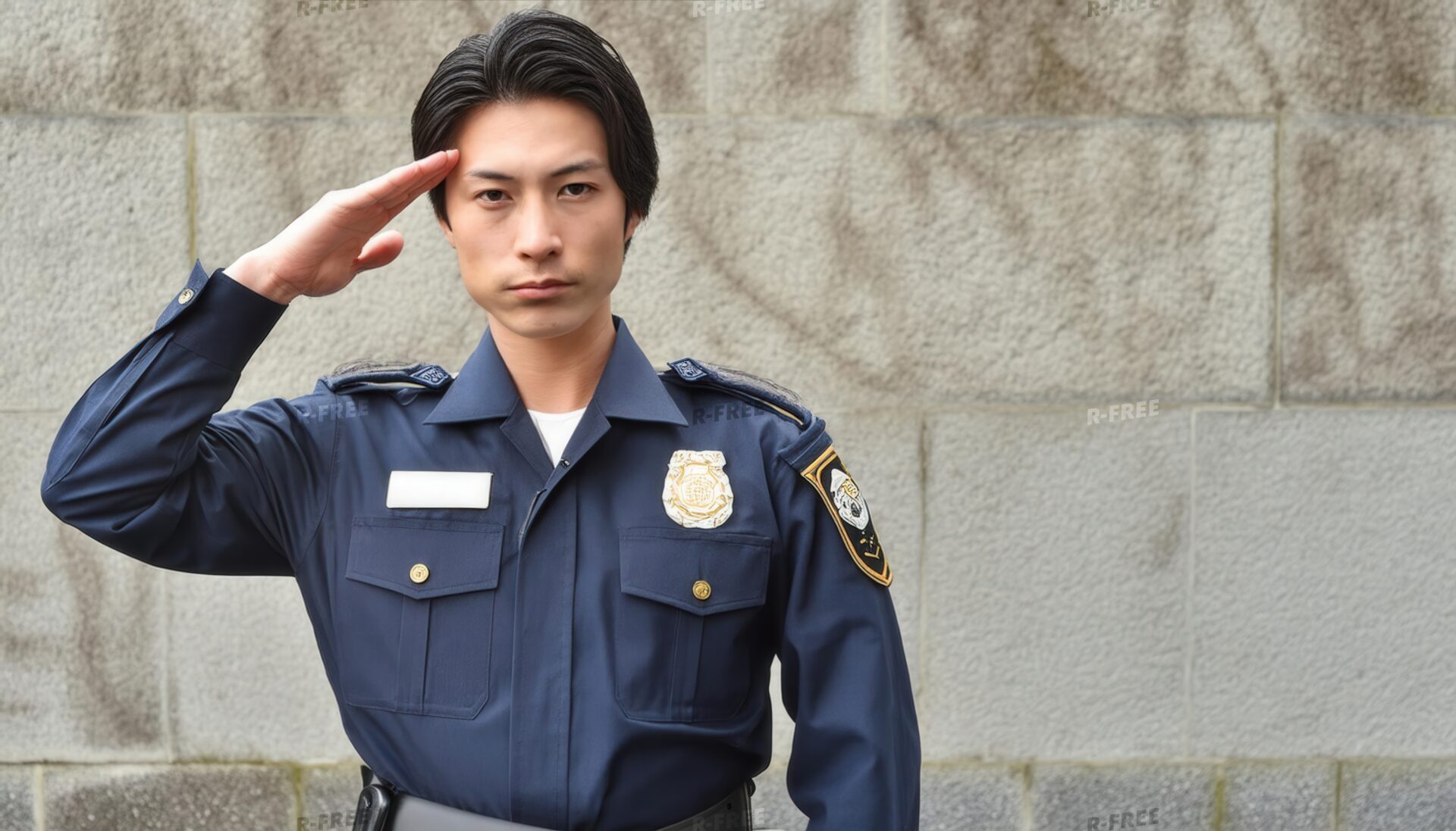 屋外で警察官が敬礼する