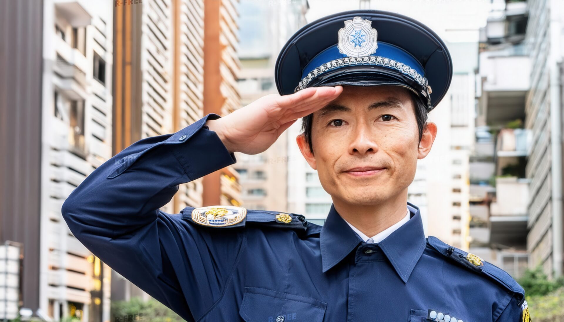 都市の背景で警察官が敬礼する