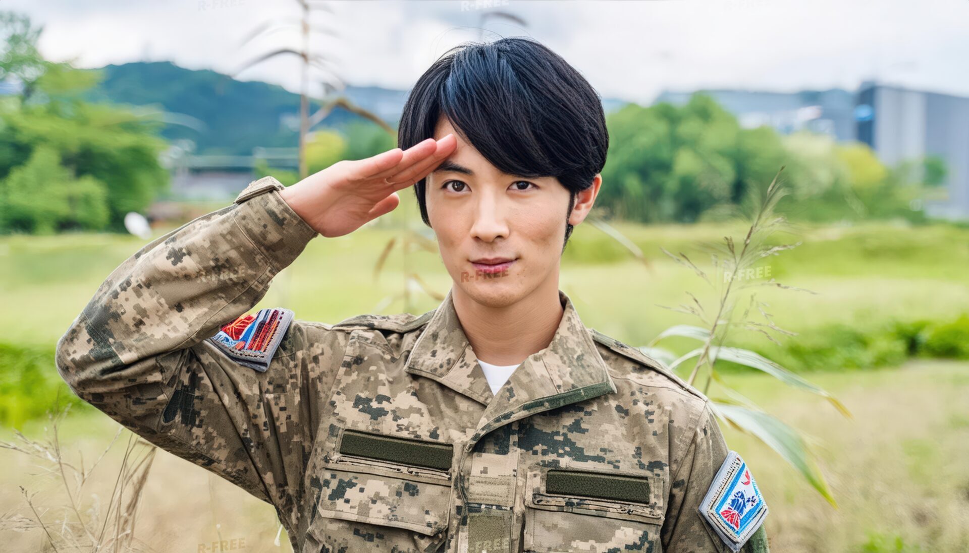 野外で右手を額に添えて敬礼する若い男性軍人