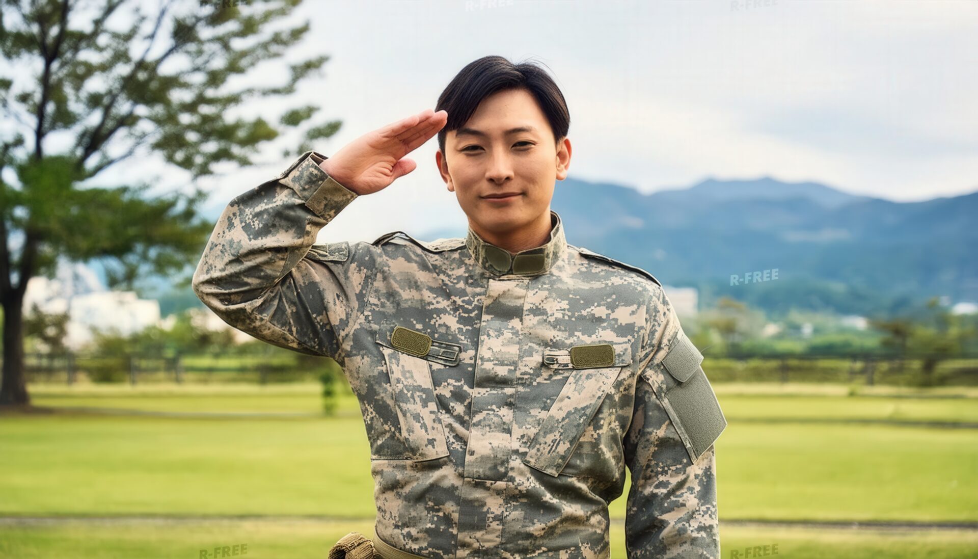 野外で正面を向いて敬礼する迷彩服の若い男性軍人