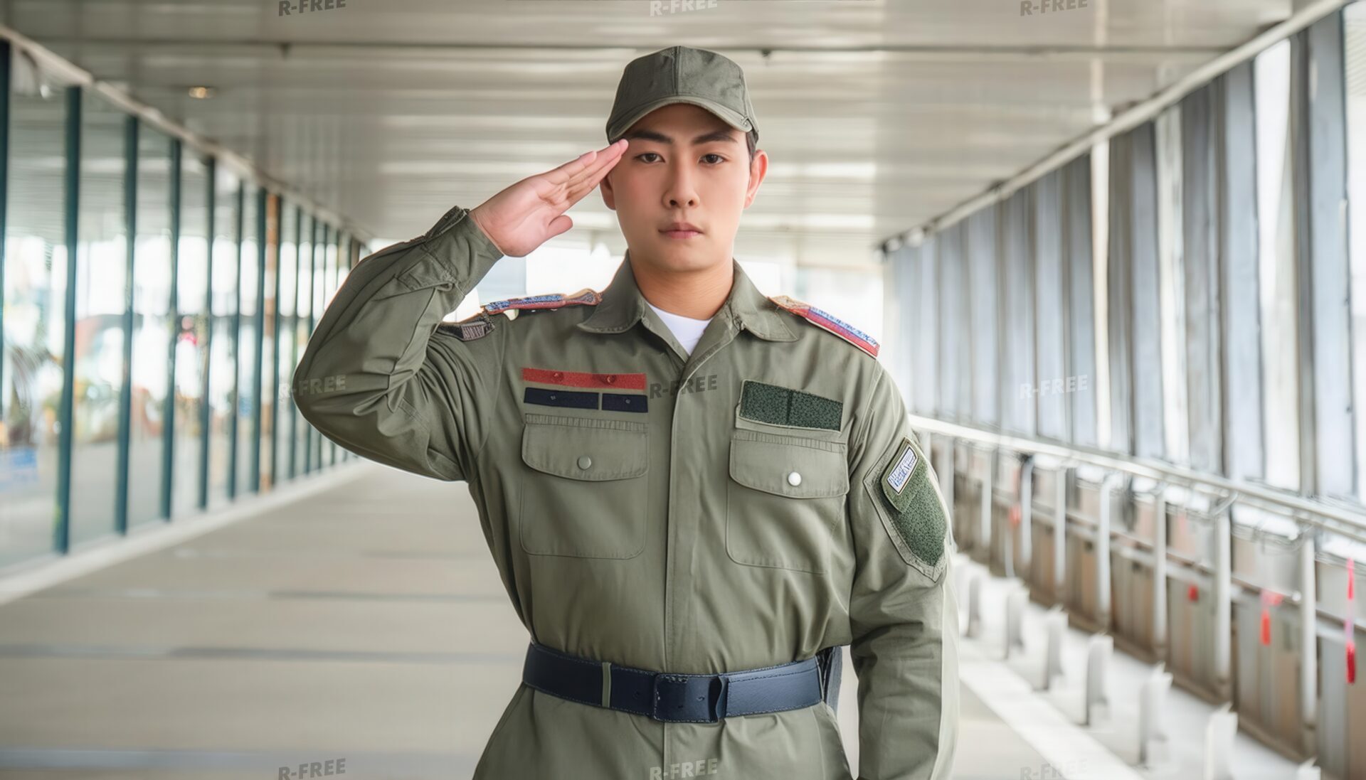 通路で敬礼する軍人