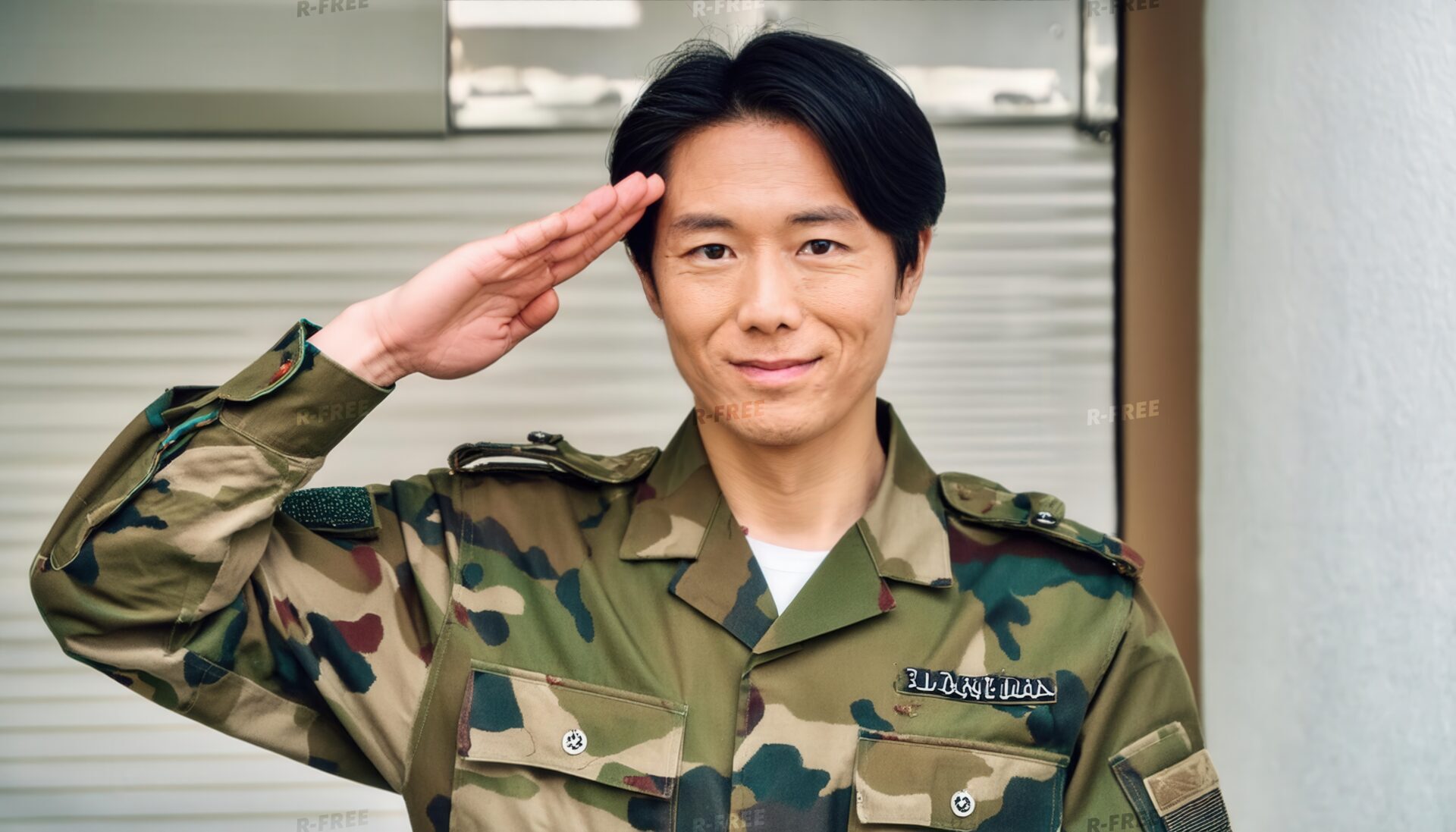 屋外で敬礼する軍人・迷彩服姿の男性と金属製の扉