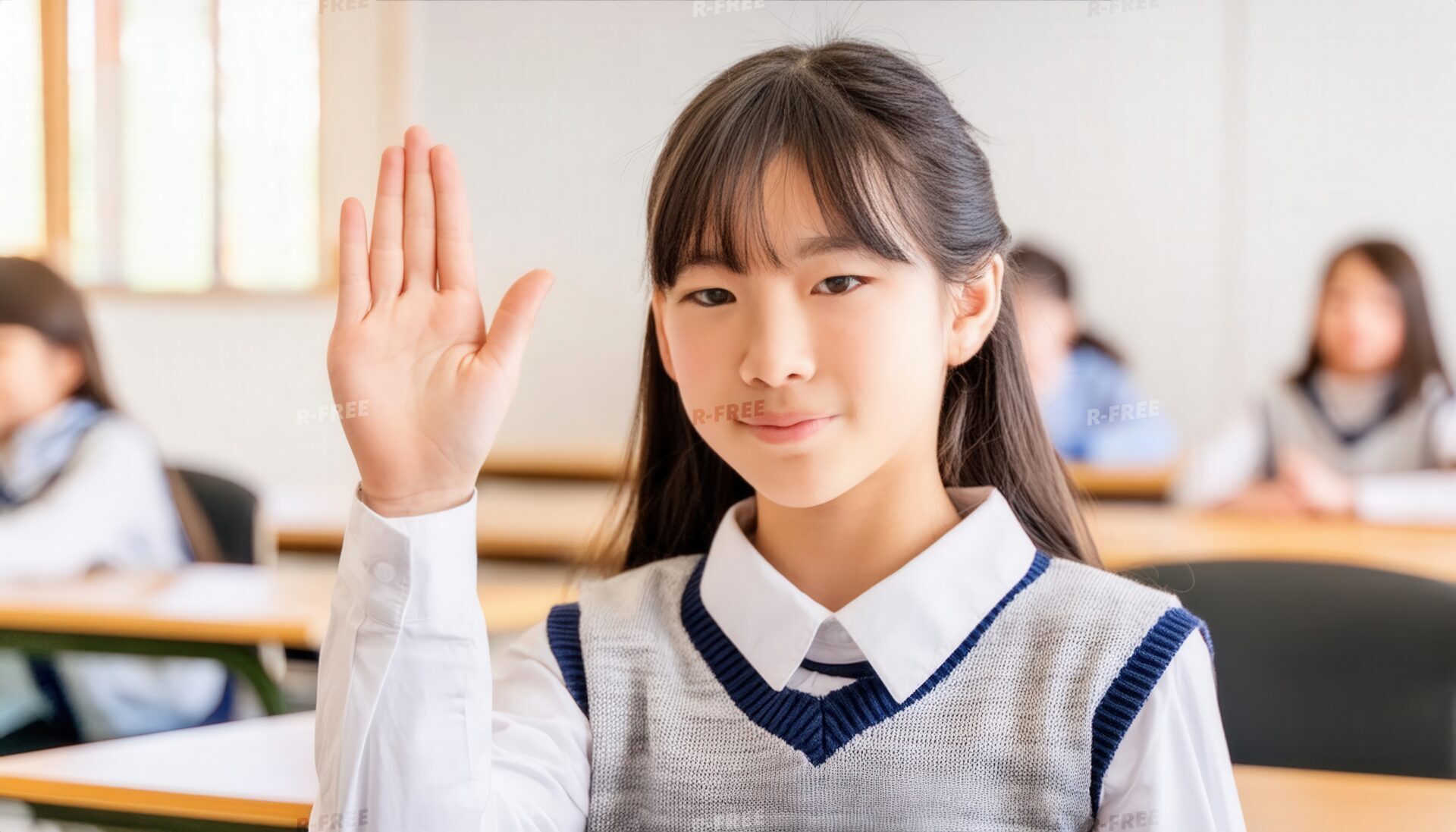 教室で片手を高く挙げる笑顔の学生と周囲の生徒